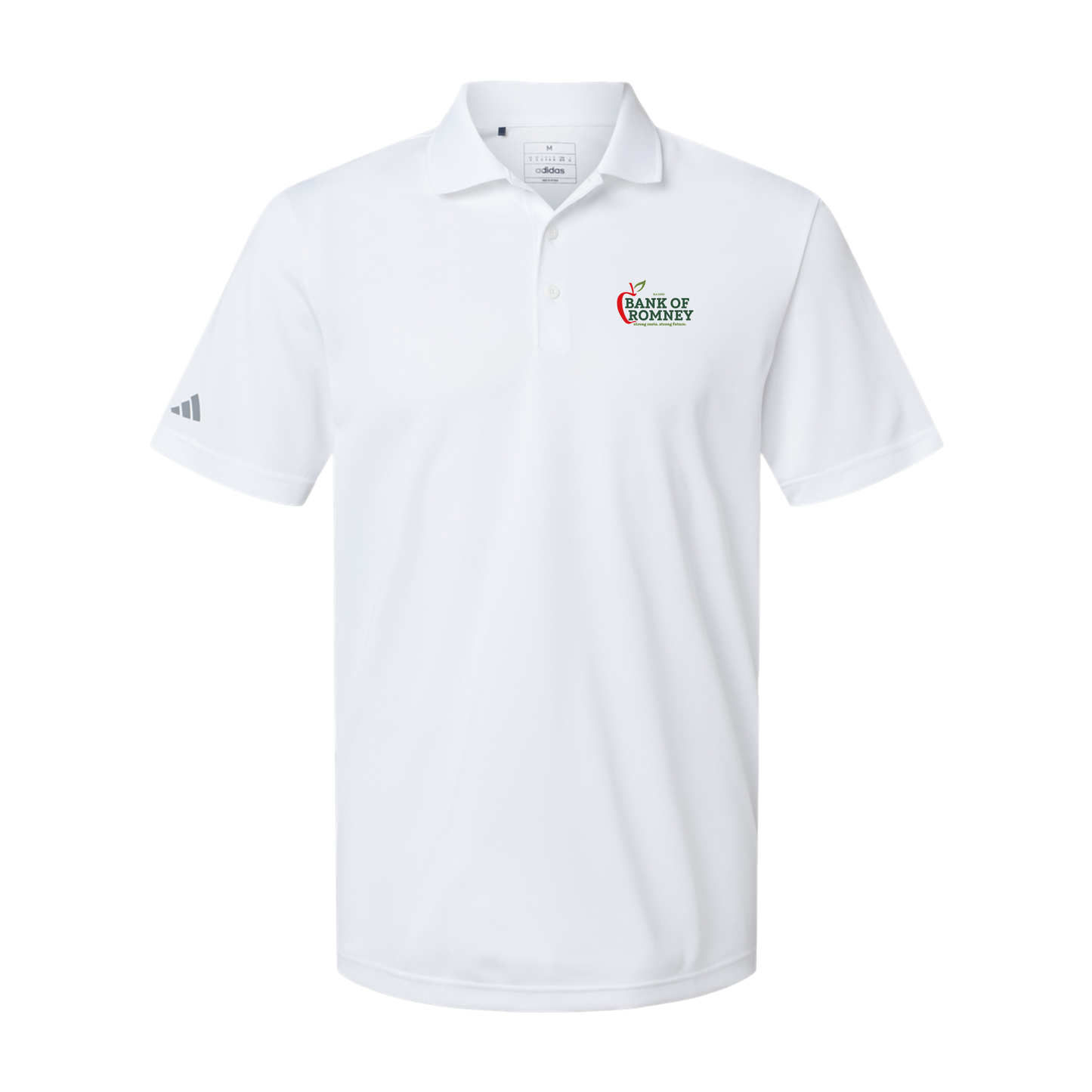 bankofromney-adidas-mens-sport-polo-shirt-embroidery-leftchest-A430-white-flat-front