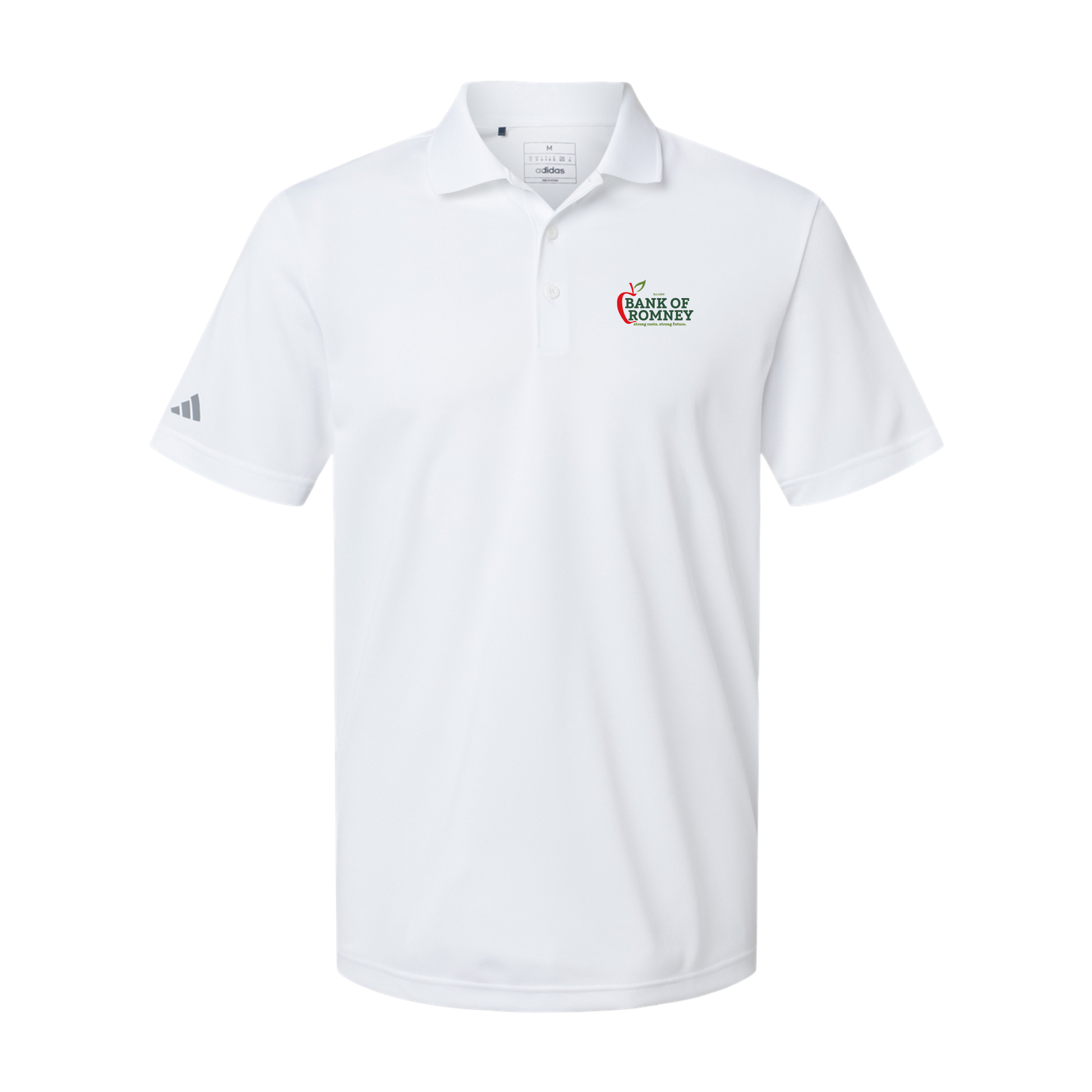 bankofromney-adidas-mens-sport-polo-shirt-embroidery-leftchest-A430-white-flat-front