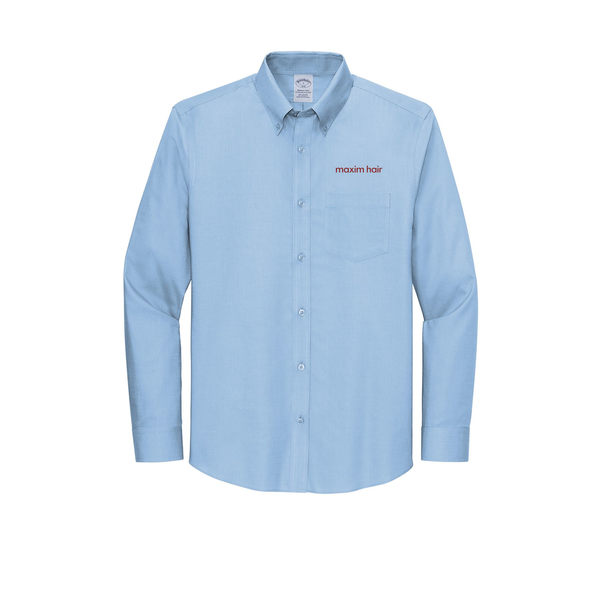 maximhairrestoration-brooks-brothers-wrinkle-free-stretch-nailhead-shirt-embroidery-leftchest-BB18002-newportblue-flat-front