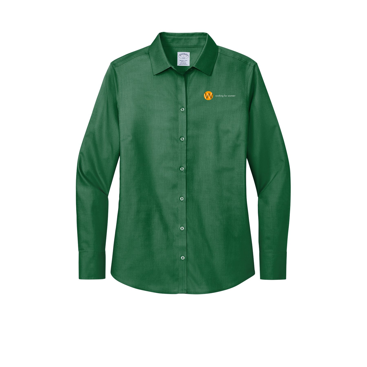 workingforwomen-brooks-brothers-womens-wrinkle-free-stretch-nailhead-shirt-embroidery-leftchest-BB18003-clubgreen-flat-front