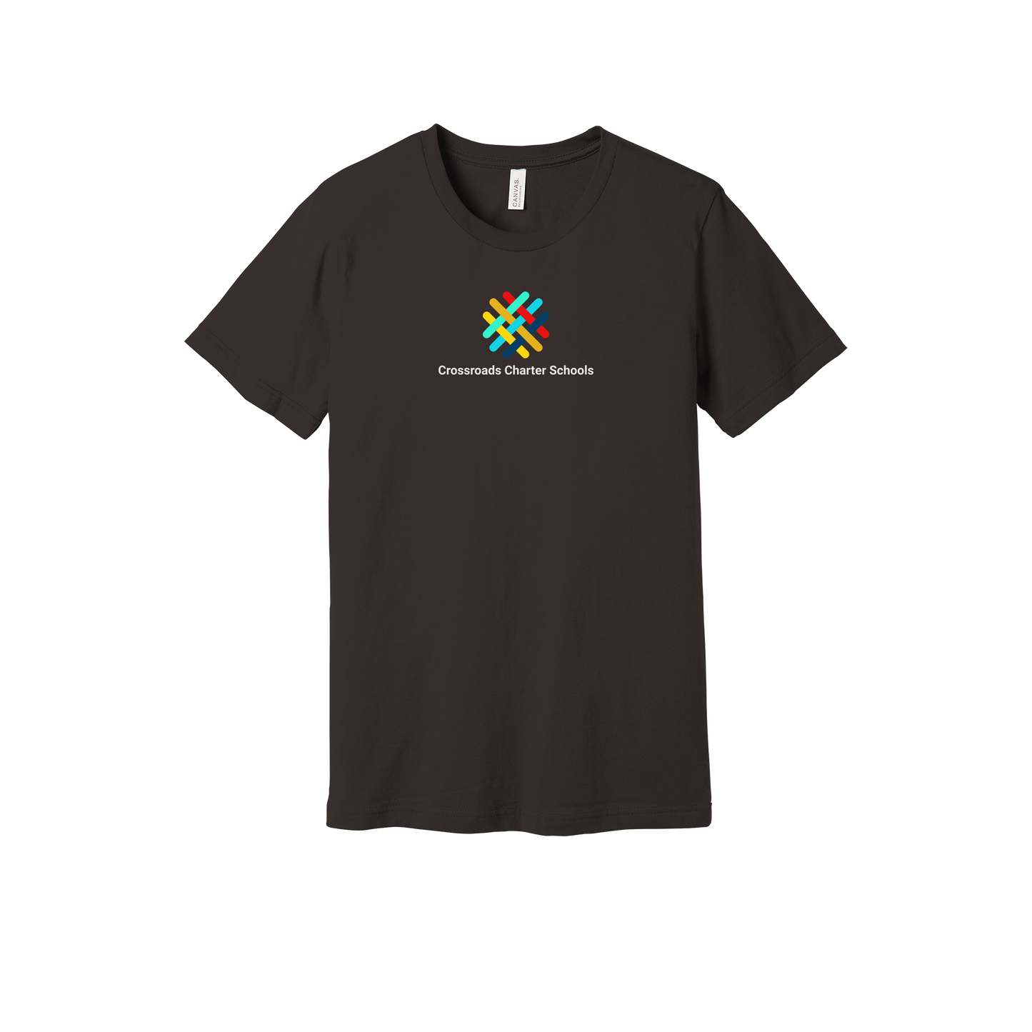 crossroadsschoolskc-everyday-essentials-short-sleeve-tee-dtf-front-BC3001-brown-flat-front