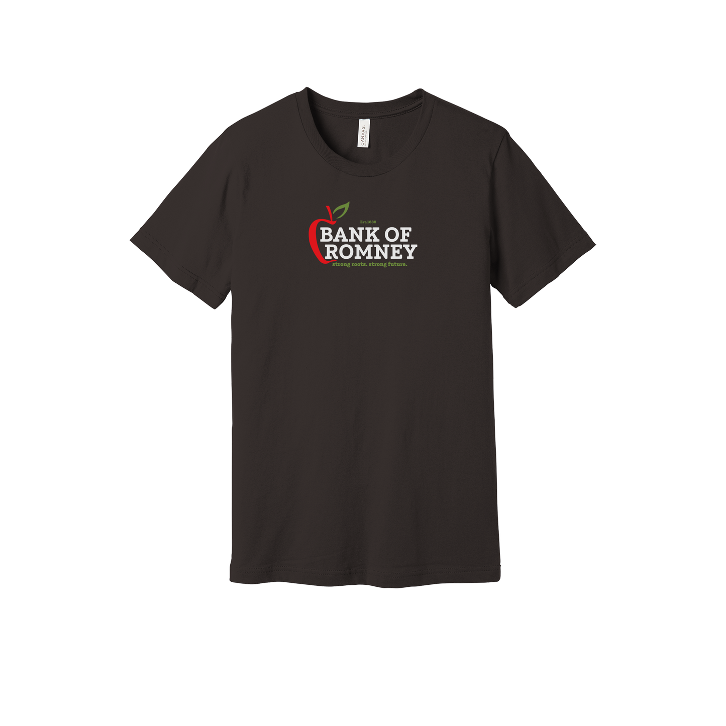 bankofromney-everyday-essentials-short-sleeve-tee-dtf-front-BC3001-brown-flat-front