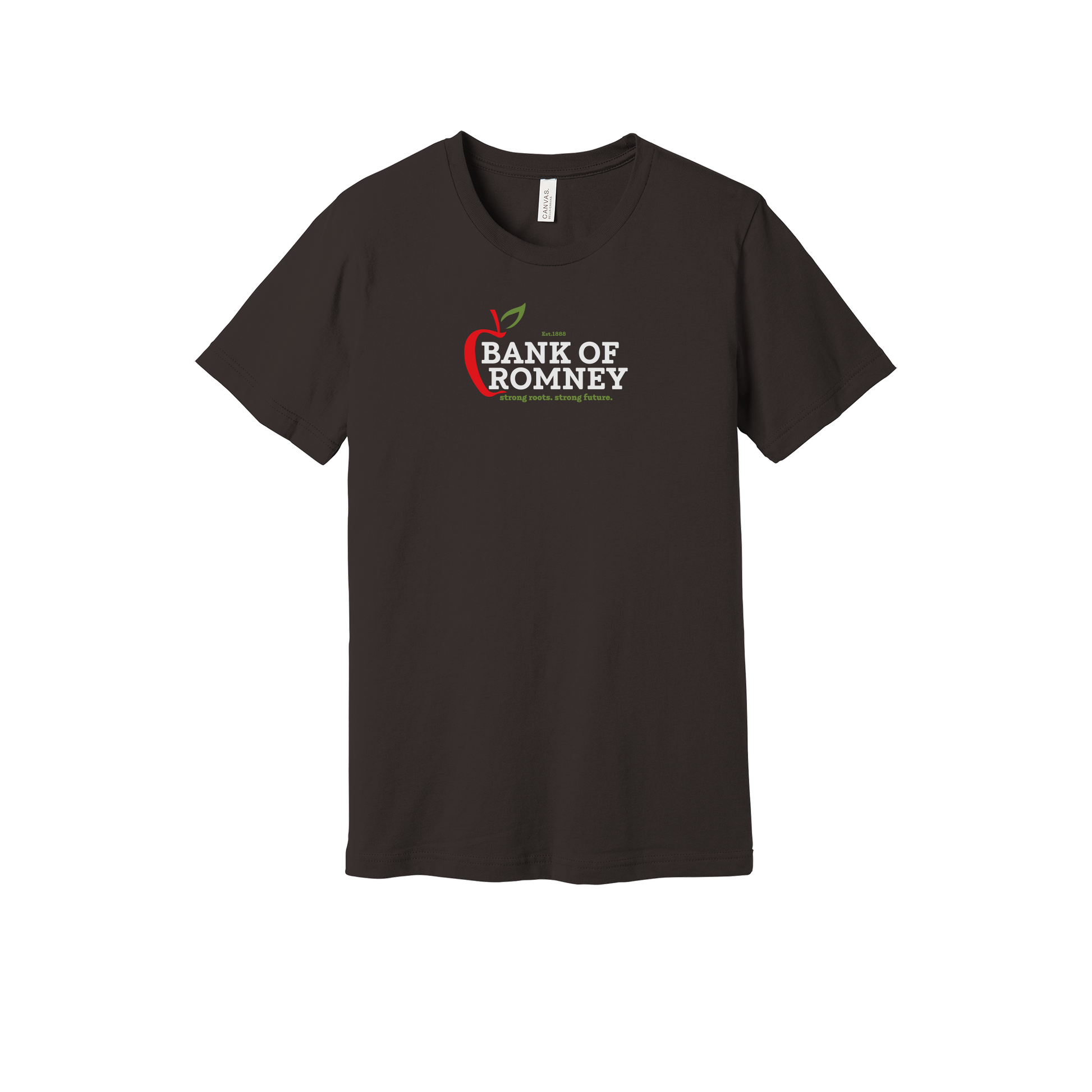 bankofromney-everyday-essentials-short-sleeve-tee-dtf-front-BC3001-brown-flat-front