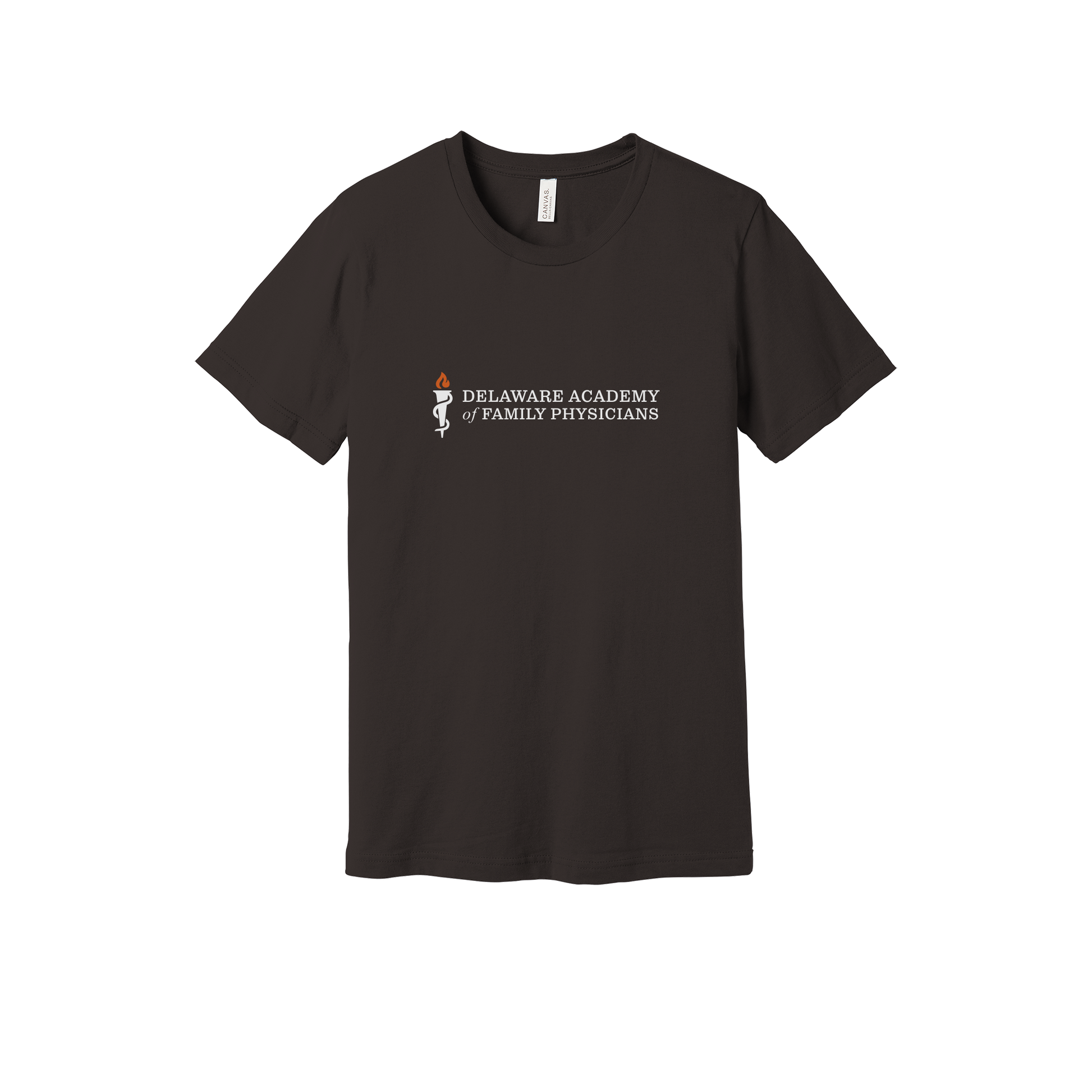 delfamdoc-everyday-essentials-clinic-short-sleeve-tee-dtf-front-BC3001-brown-flat-front