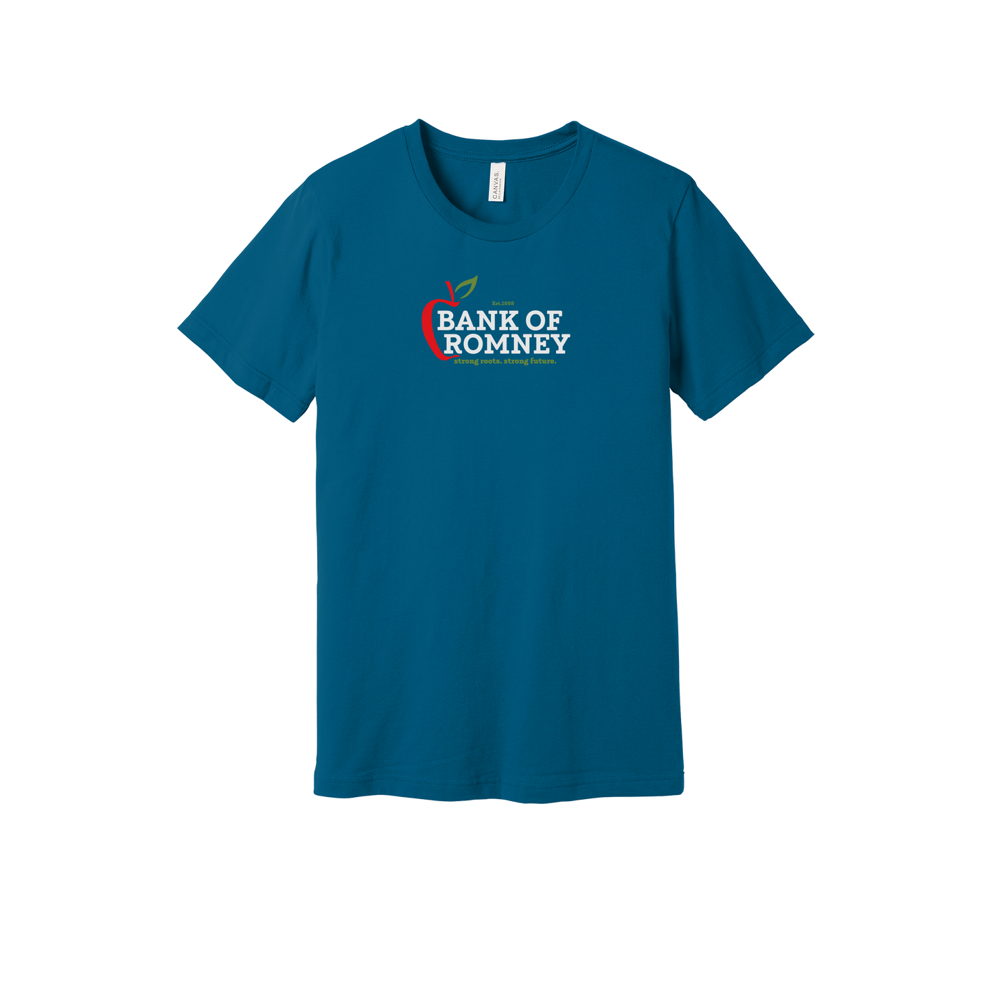 bankofromney-everyday-essentials-short-sleeve-tee-dtf-front-BC3001-deepteal-flat-front