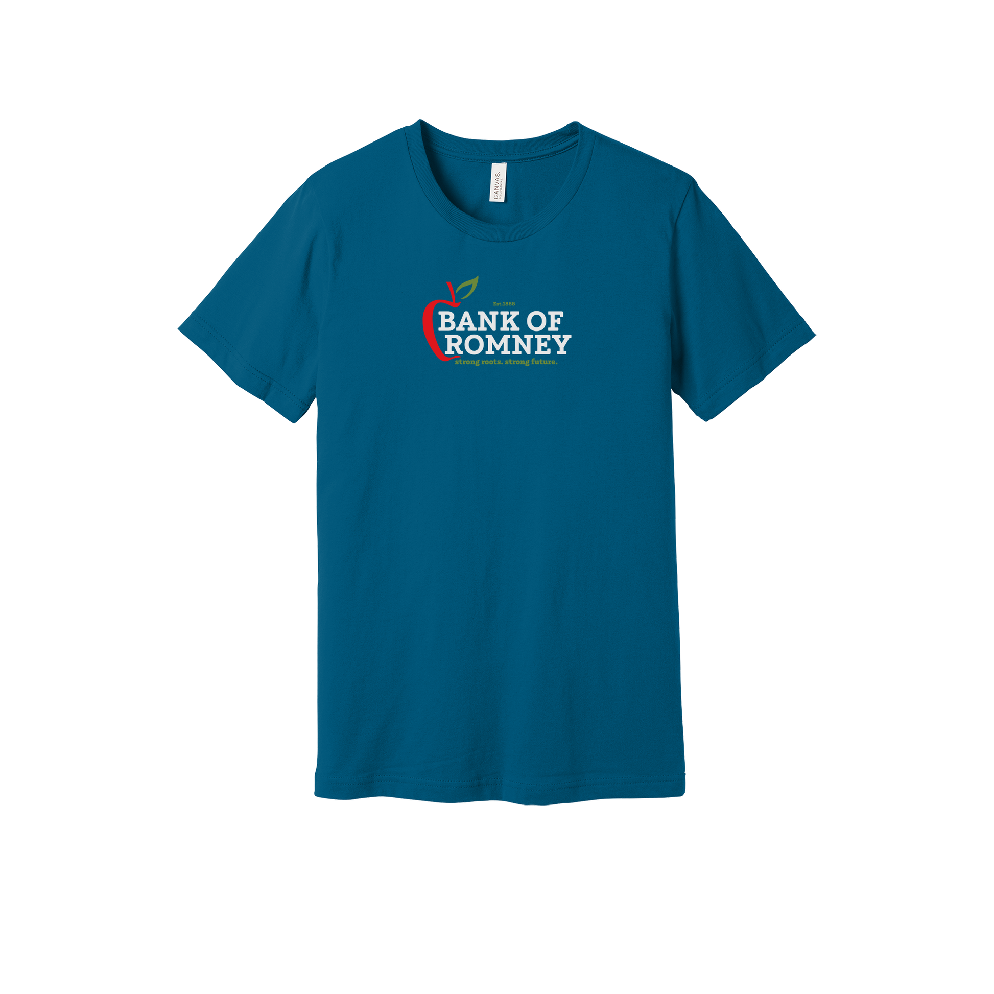 bankofromney-everyday-essentials-short-sleeve-tee-dtf-front-BC3001-deepteal-flat-front