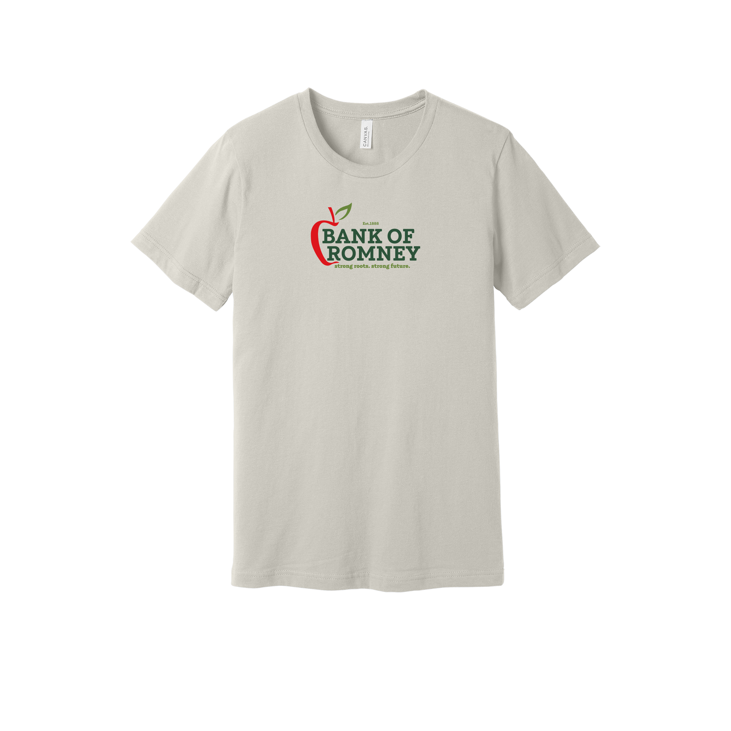 bankofromney-everyday-essentials-short-sleeve-tee-dtf-front-BC3001-dust-flat-front