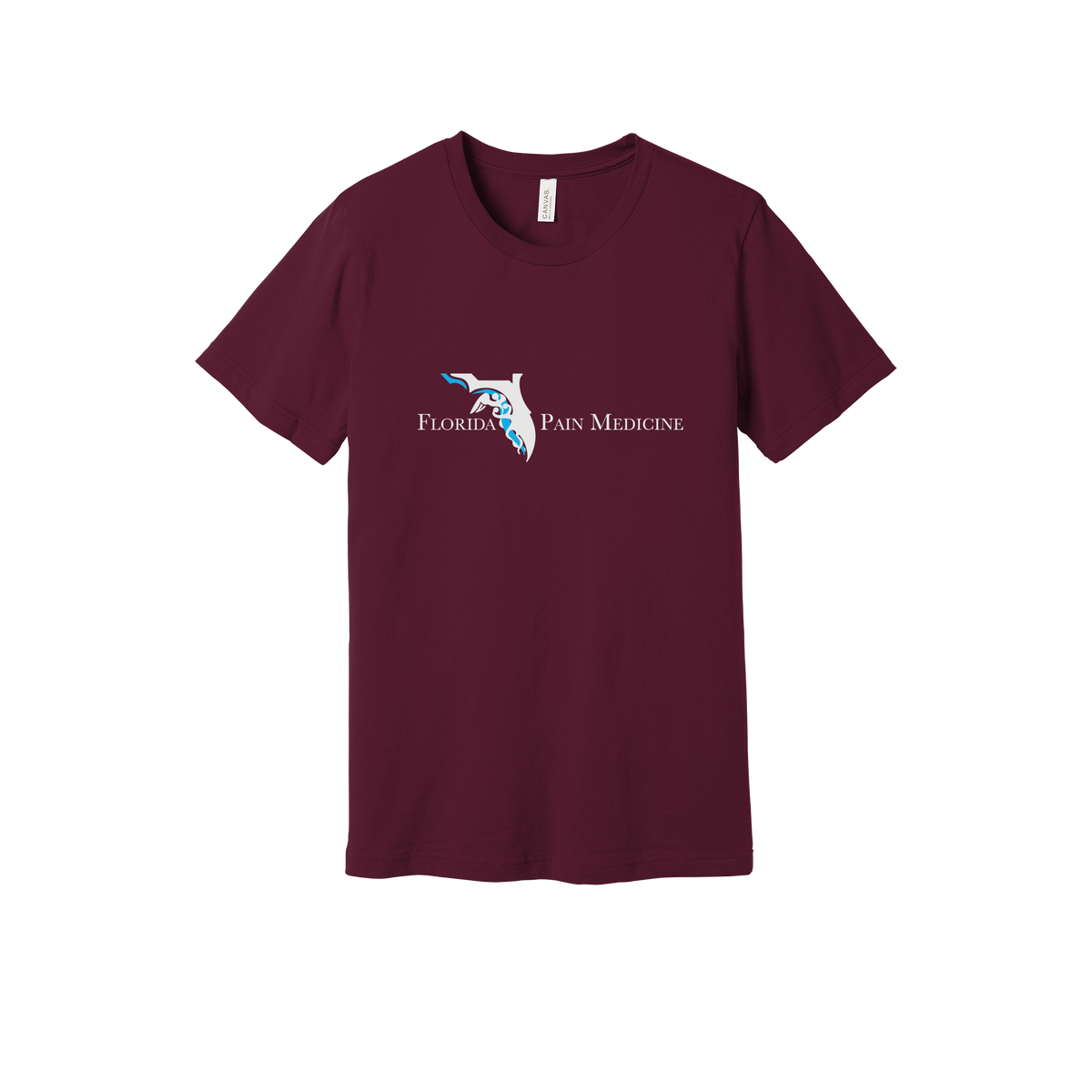 floridapainmedicine-everyday-essentials-clinic-short-sleeve-tee-dtf-front-BC3001-maroon-flat-front