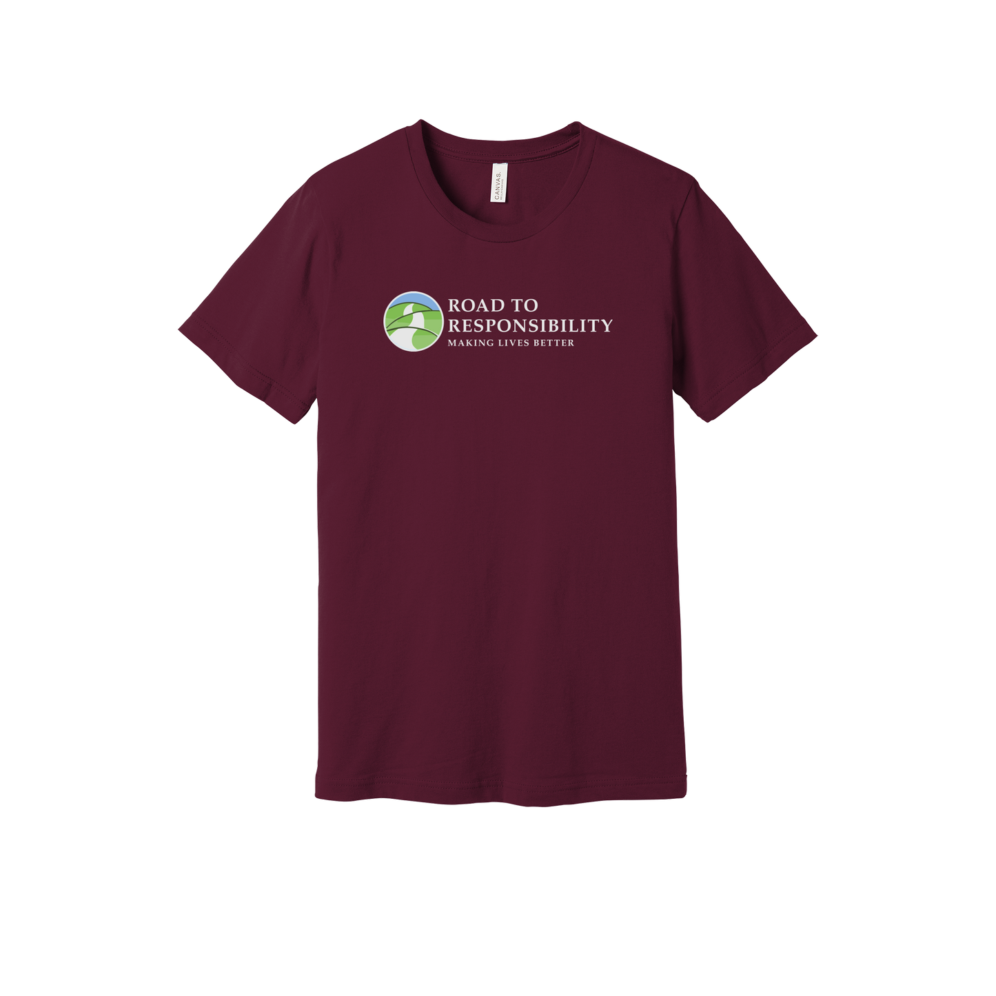 roadtoresponsibility-everyday-essentials-short-sleeve-tee-dtf-front-BC3001-maroon-flat-front