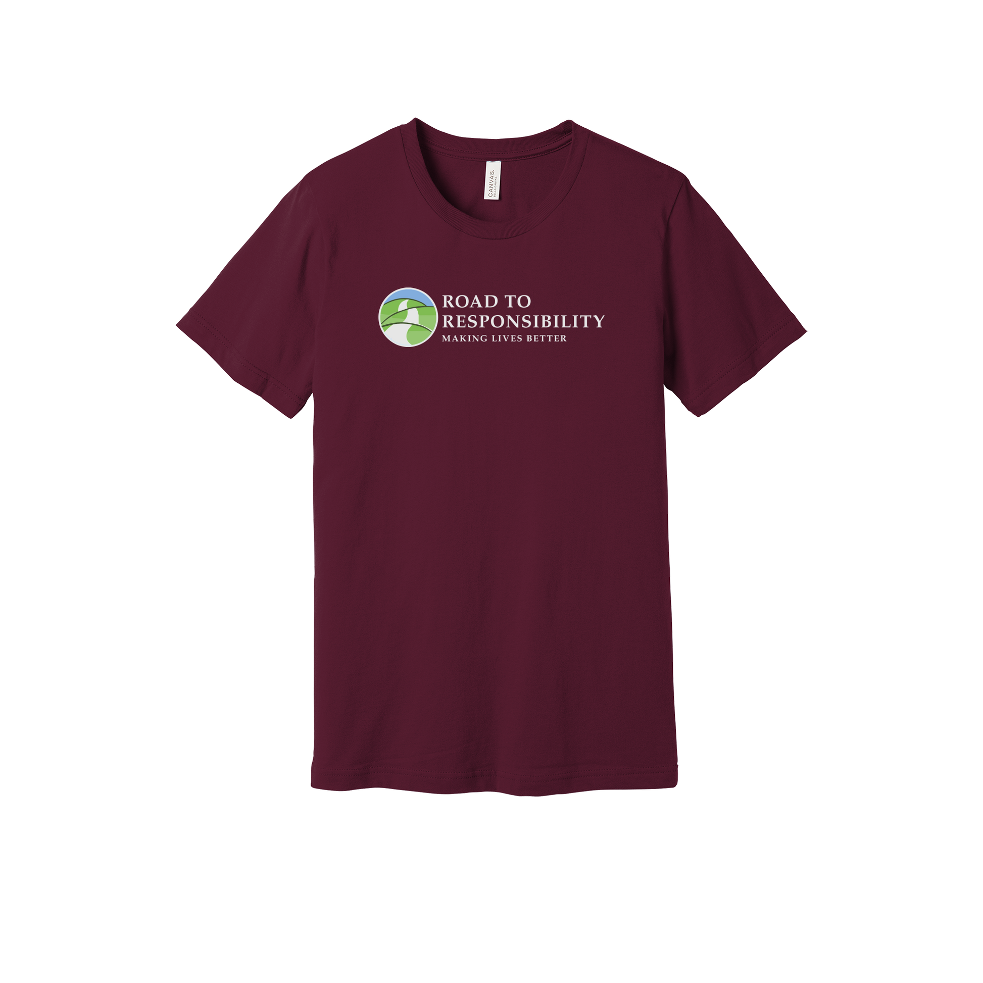roadtoresponsibility-everyday-essentials-short-sleeve-tee-dtf-front-BC3001-maroon-flat-front