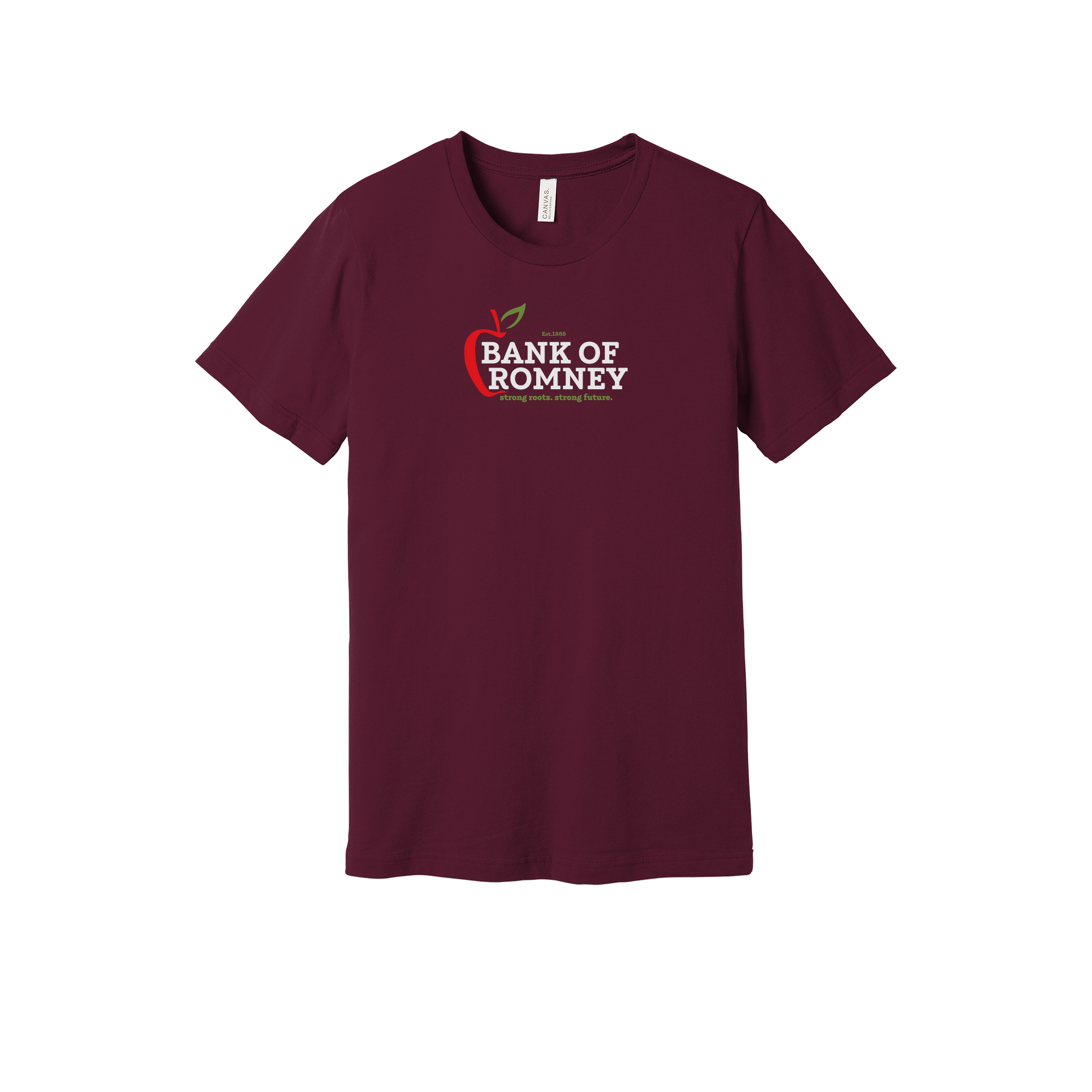 bankofromney-everyday-essentials-short-sleeve-tee-dtf-front-BC3001-maroon-flat-front