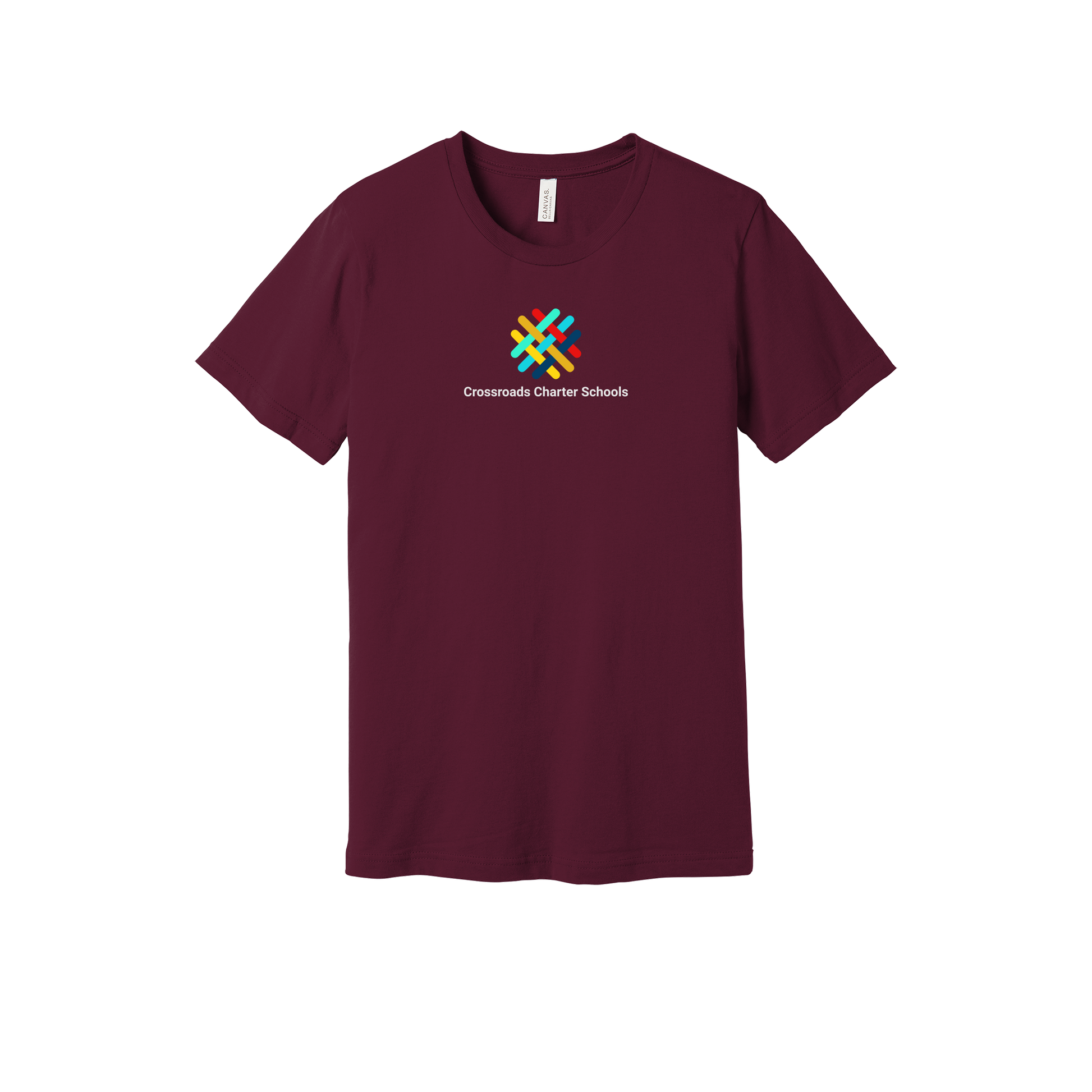 crossroadsschoolskc-everyday-essentials-short-sleeve-tee-dtf-front-BC3001-maroon-flat-front