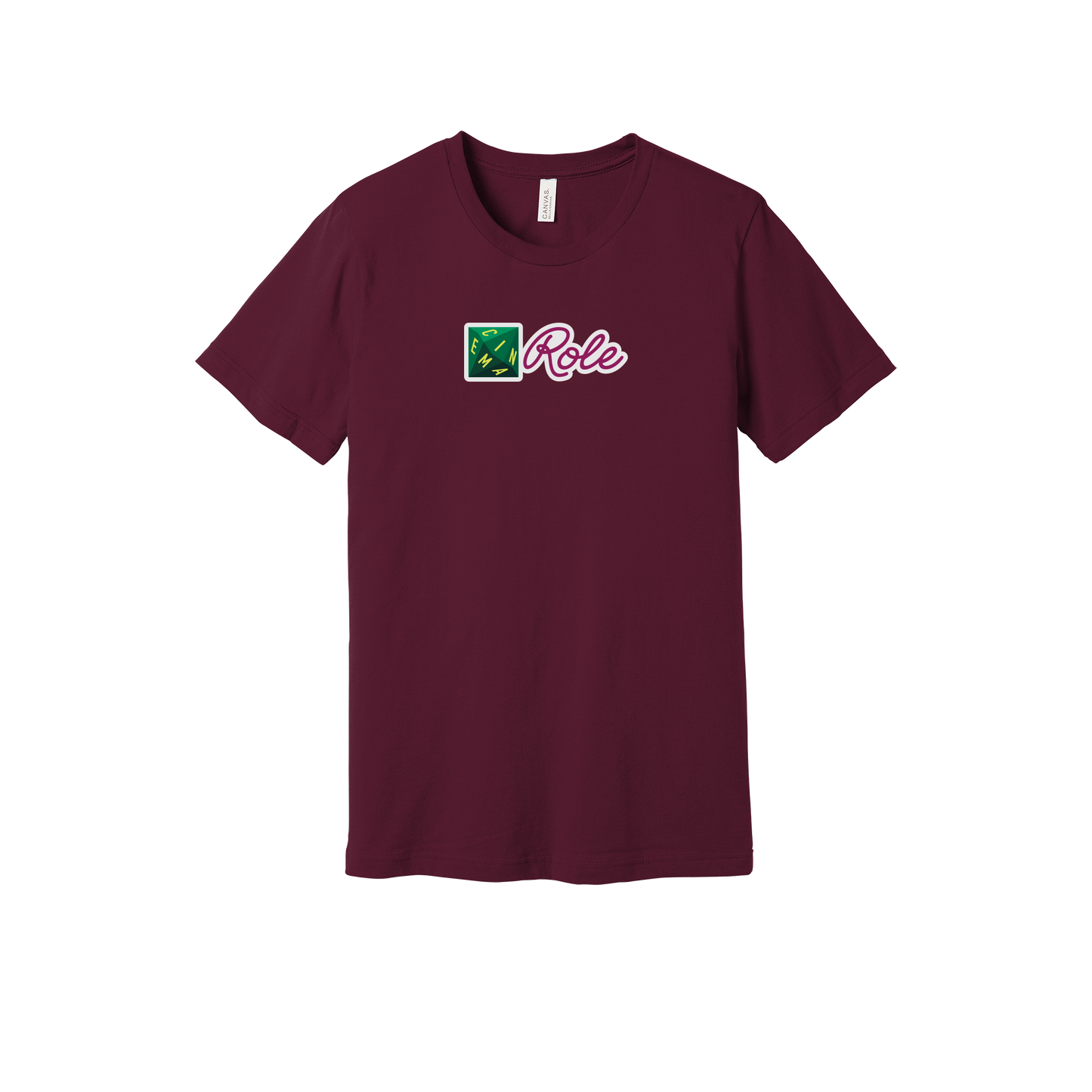 cinemarole-everyday-essentials-short-sleeve-tee-dtf-front-BC3001-maroon-flat-front