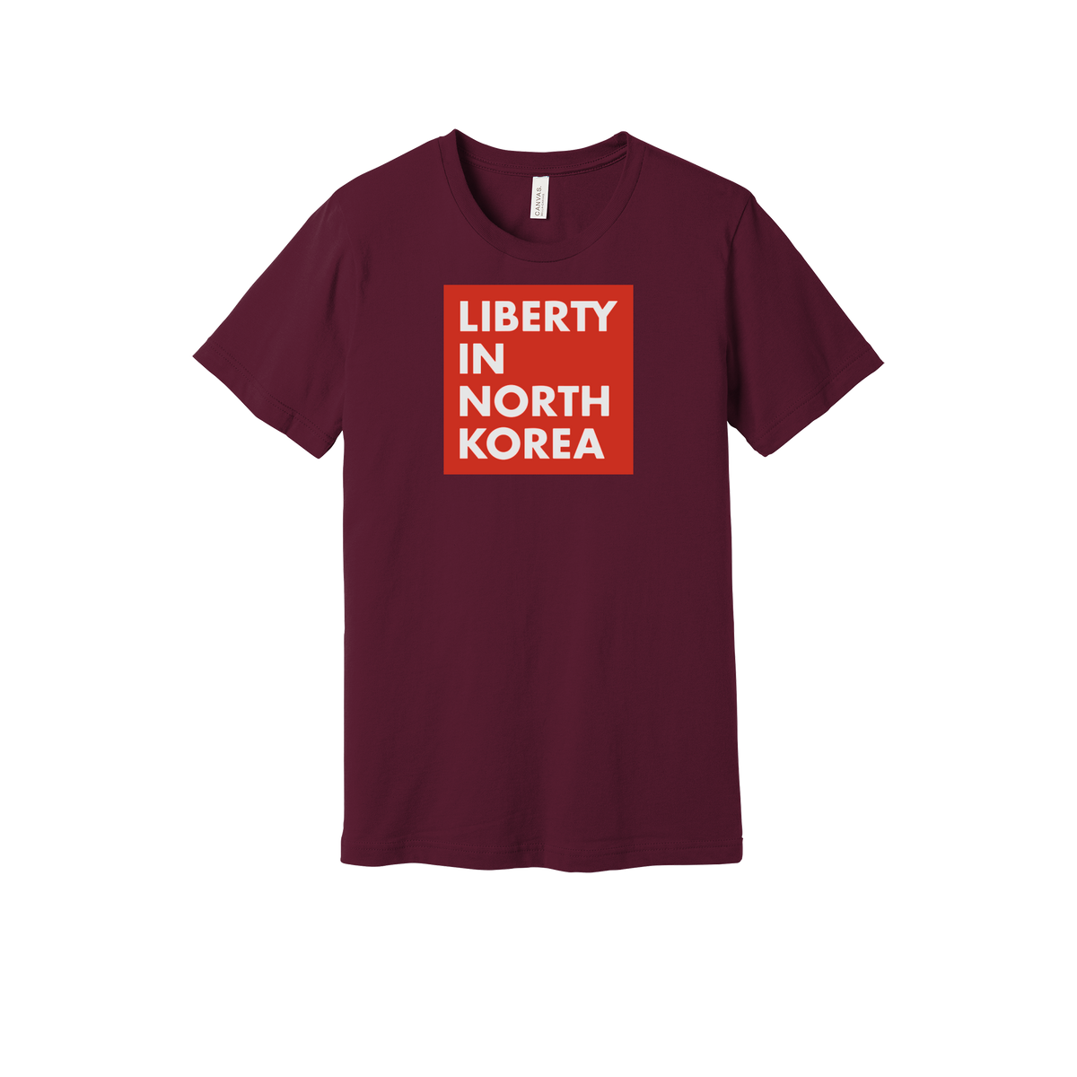 libertyinnorthkorea-everyday-essentials-short-sleeve-tee-dtf-front-BC3001-maroon-flat-front