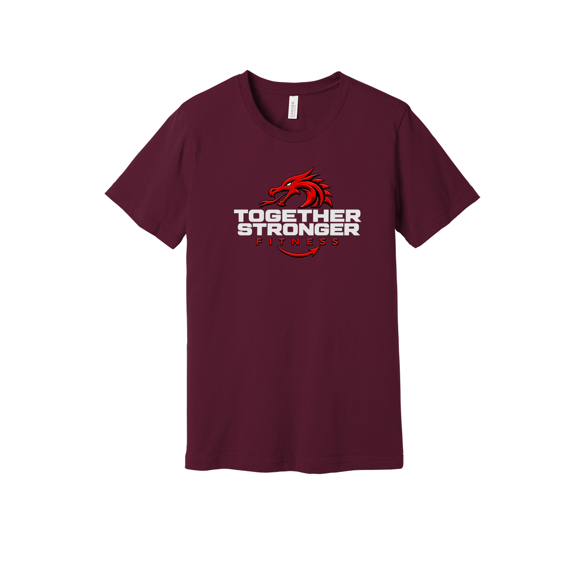 togetherstrongerfitness-everyday-essentials-short-sleeve-tee-dtf-front-BC3001-maroon-flat-front