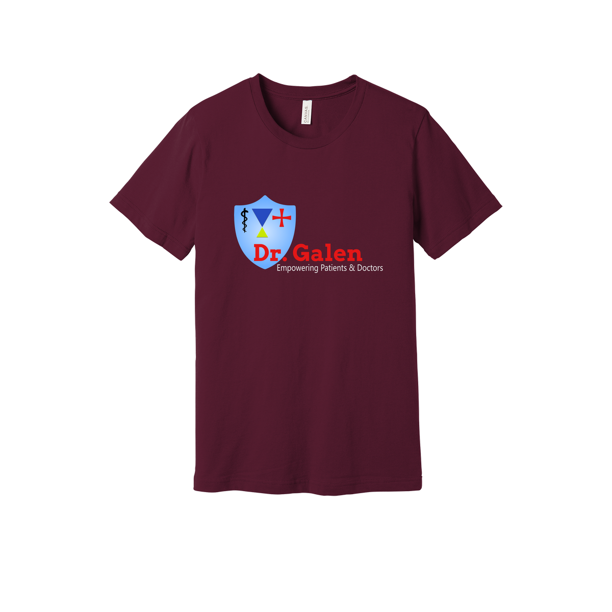 drgalen-everyday-essentials-clinic-short-sleeve-tee-dtf-front-BC3001-maroon-flat-front