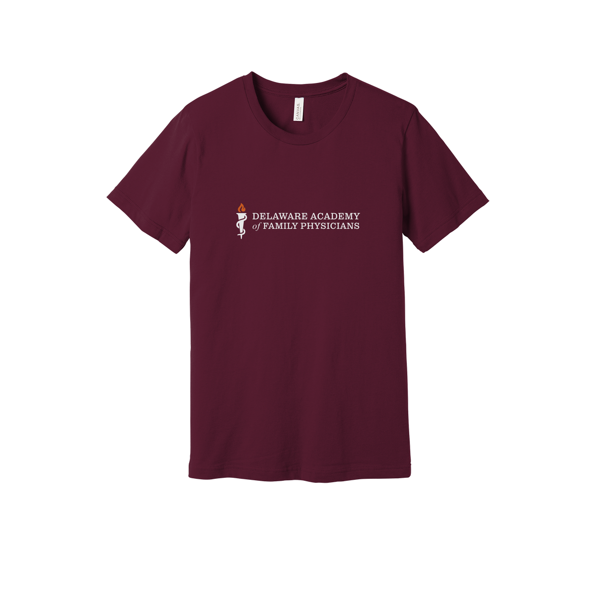 delfamdoc-everyday-essentials-clinic-short-sleeve-tee-dtf-front-BC3001-maroon-flat-front