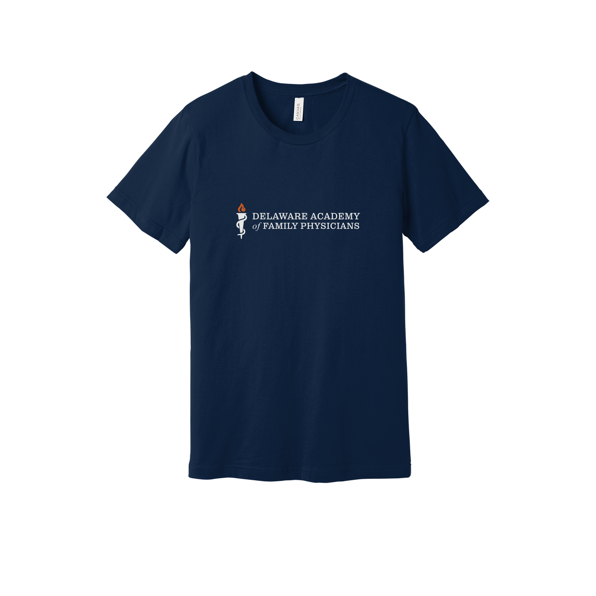 delfamdoc-everyday-essentials-clinic-short-sleeve-tee-dtf-front-BC3001-navy-flat-front