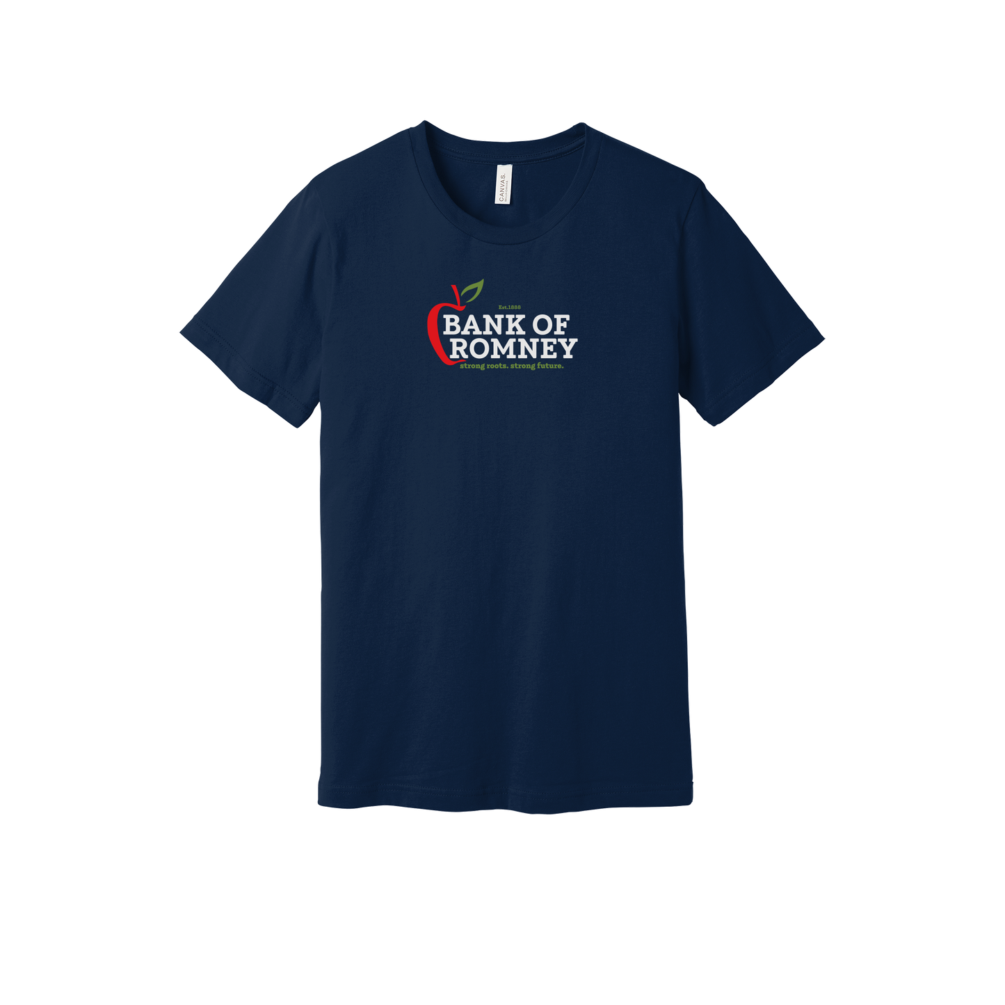 bankofromney-everyday-essentials-short-sleeve-tee-dtf-front-BC3001-navy-flat-front