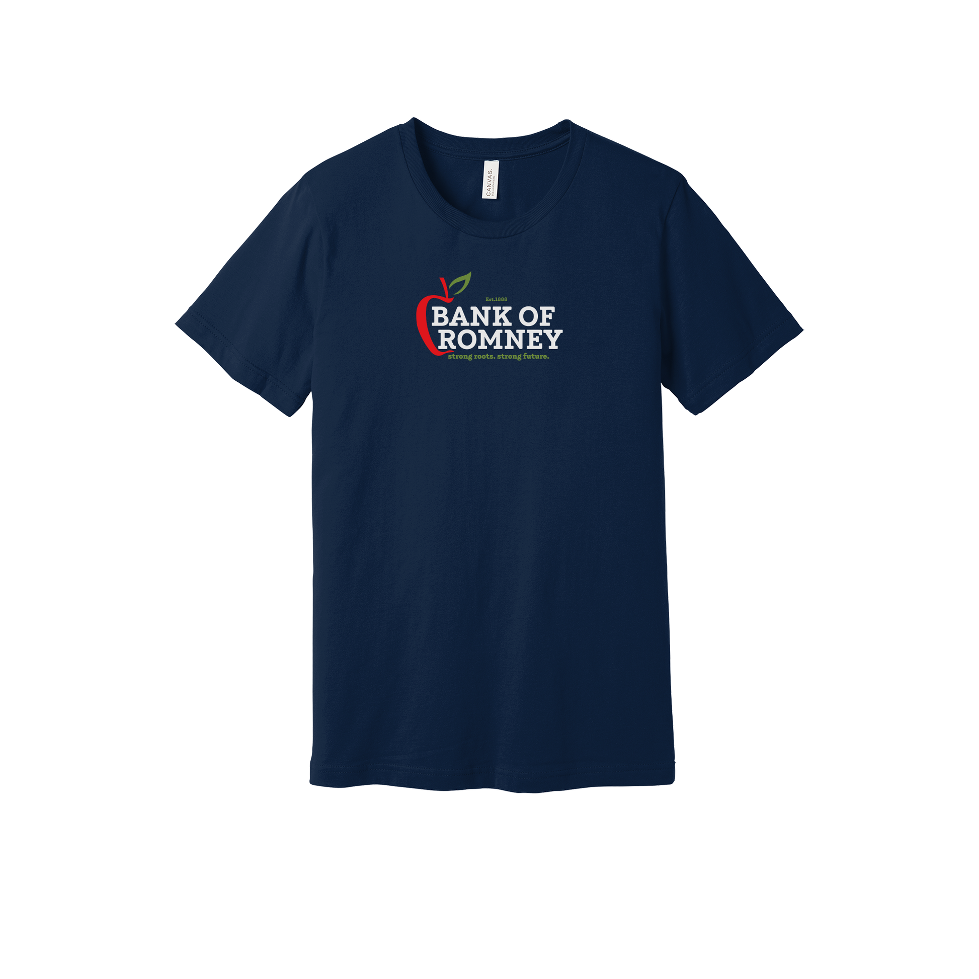 bankofromney-everyday-essentials-short-sleeve-tee-dtf-front-BC3001-navy-flat-front