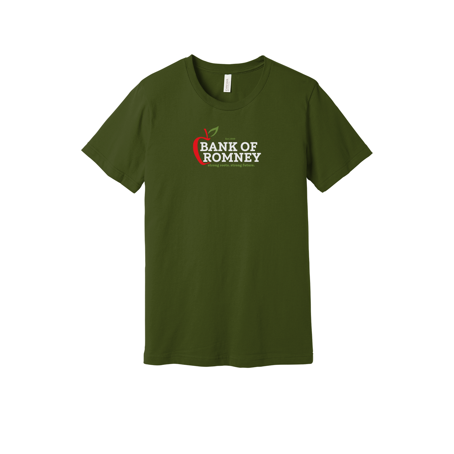 bankofromney-everyday-essentials-short-sleeve-tee-dtf-front-BC3001-olive-flat-front