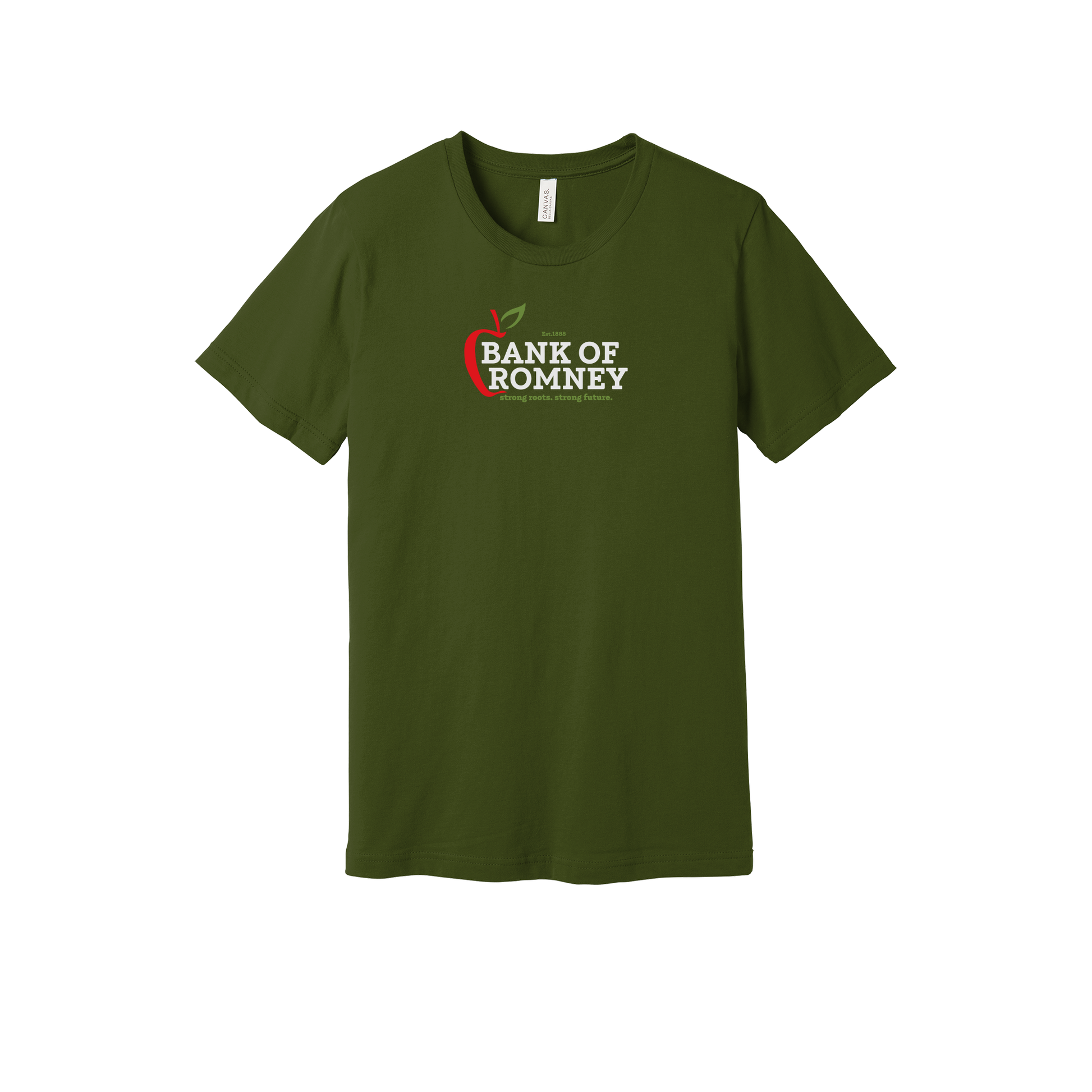 bankofromney-everyday-essentials-short-sleeve-tee-dtf-front-BC3001-olive-flat-front