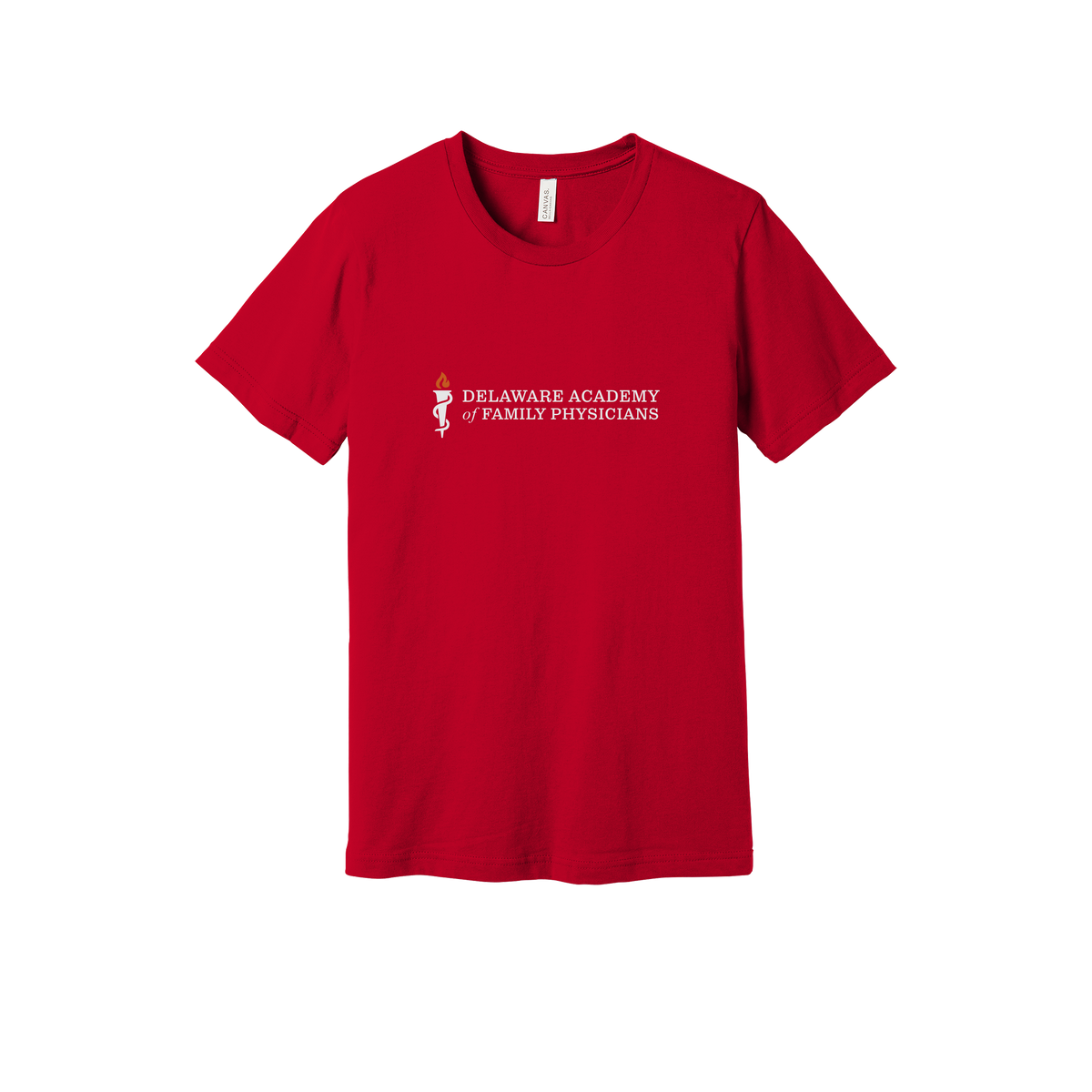 delfamdoc-everyday-essentials-clinic-short-sleeve-tee-dtf-front-BC3001-red-flat-front
