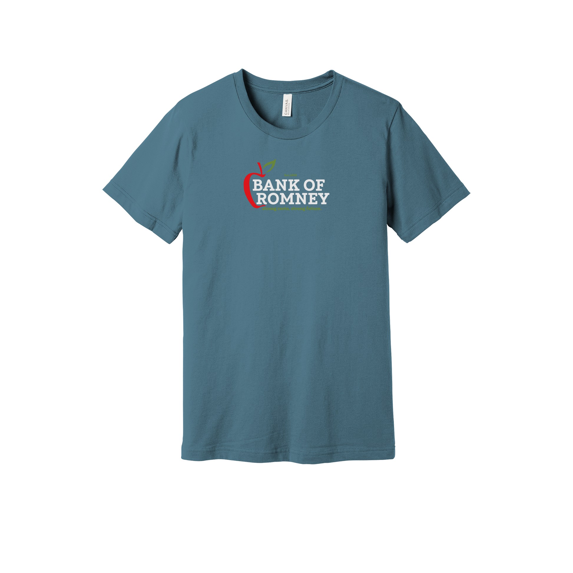 bankofromney-everyday-essentials-short-sleeve-tee-dtf-front-BC3001-steelblue-flat-front