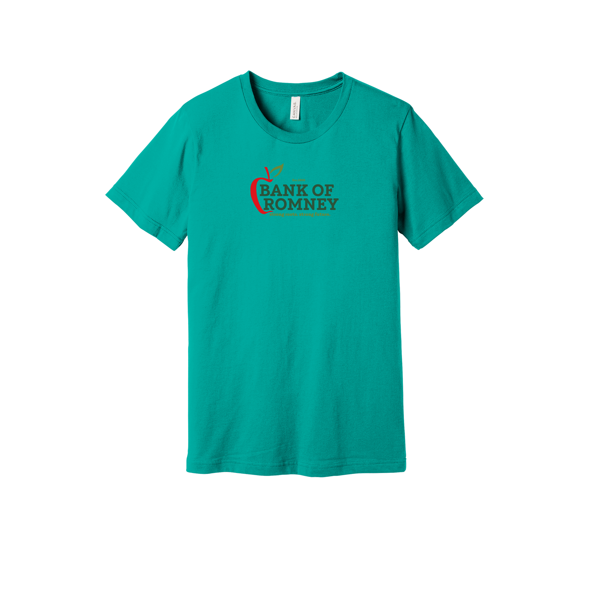 bankofromney-everyday-essentials-short-sleeve-tee-dtf-front-BC3001-teal-flat-front