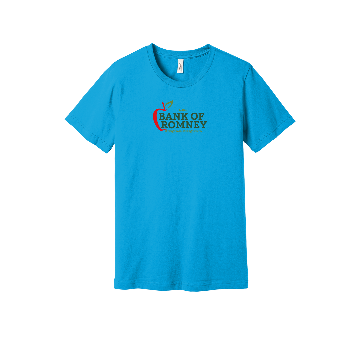 bankofromney-everyday-essentials-short-sleeve-tee-dtf-front-BC3001-turquoise-flat-front