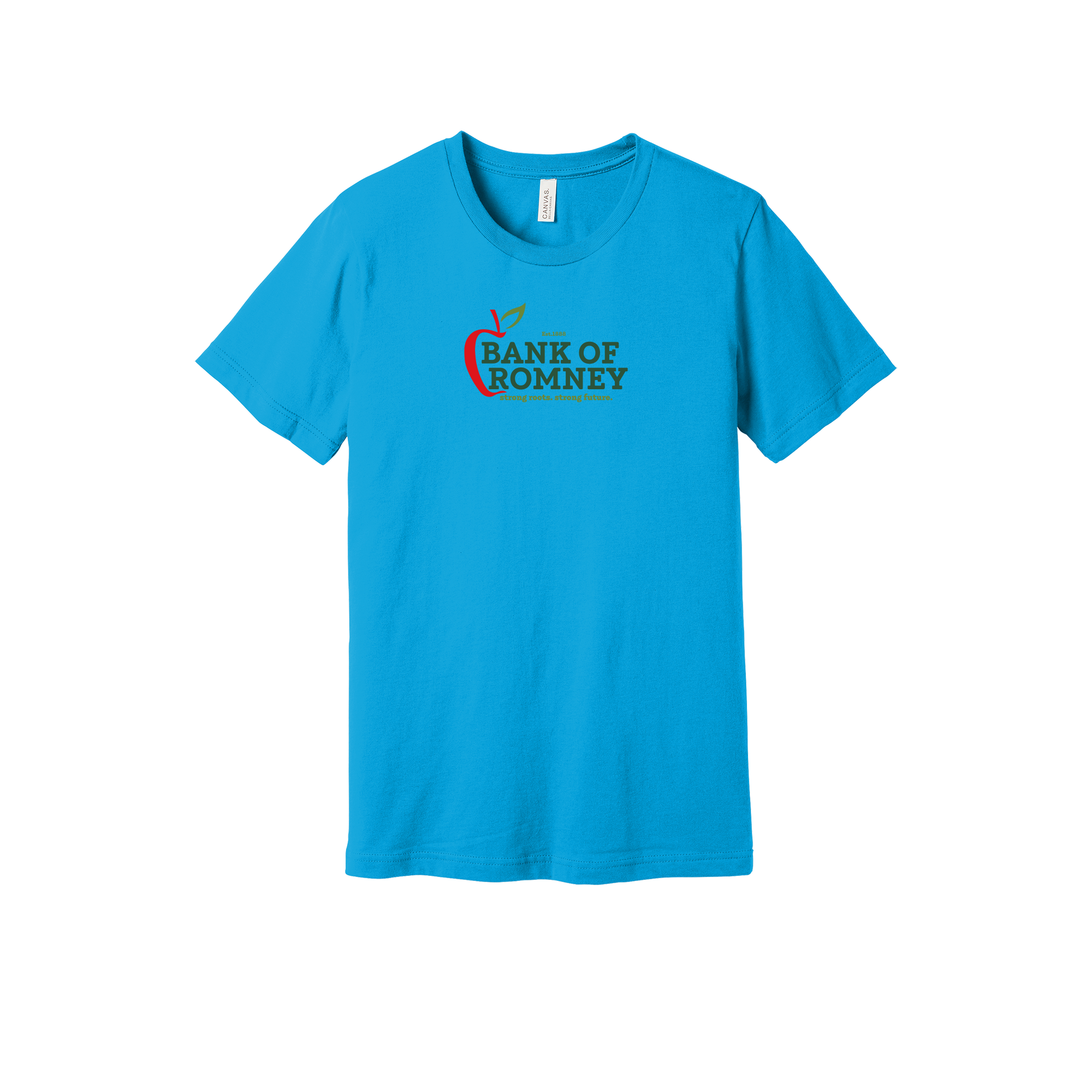 bankofromney-everyday-essentials-short-sleeve-tee-dtf-front-BC3001-turquoise-flat-front