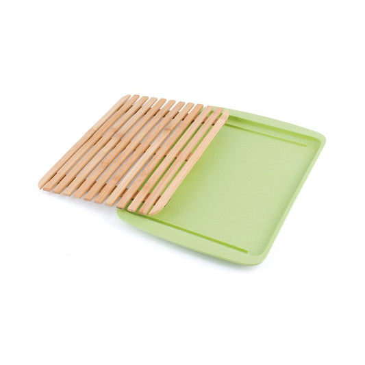 Bamboo Wood Cutting Board Lid w/ drop-through crumb spaces; on Bamboo Fibre Large Serving Tray Green by Peterson Housewares & Artwares