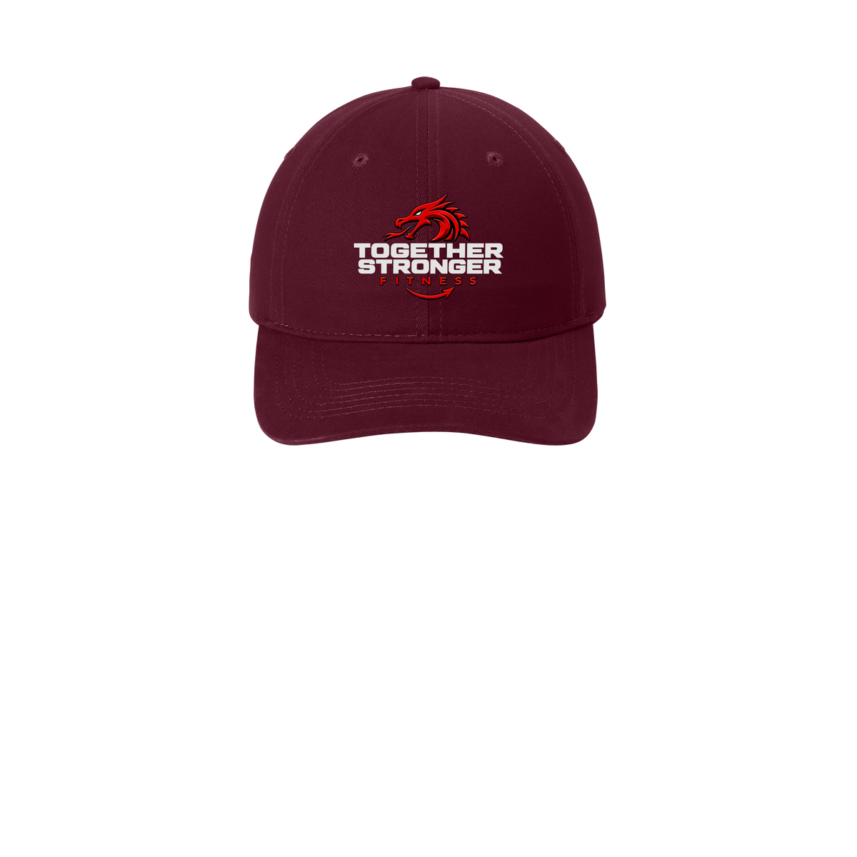 togetherstrongerfitness-low-profile-dad-cap-embroidery-capfront-CP77-maroon-flat-front