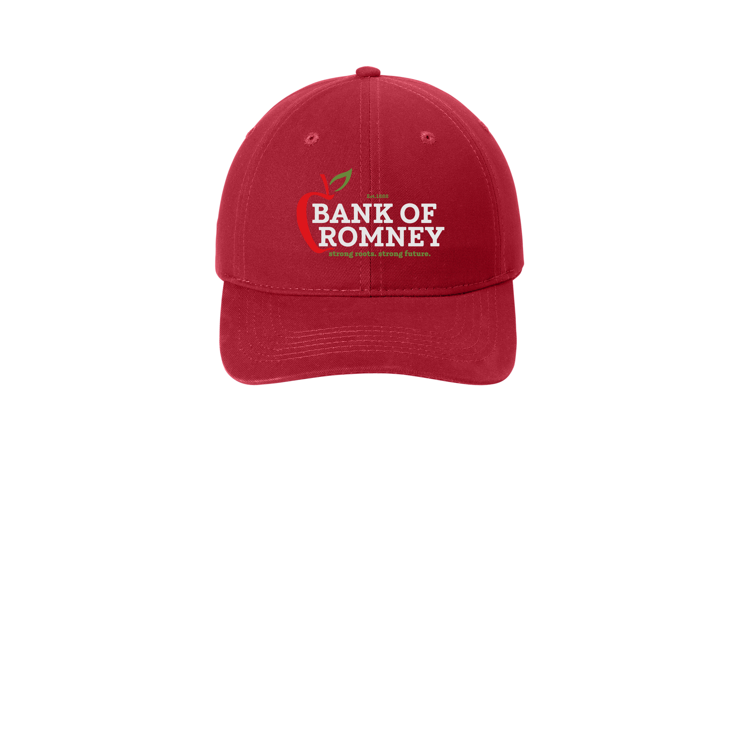 bankofromney-low-profile-dad-cap-embroidery-capfront-CP77-red-flat-front