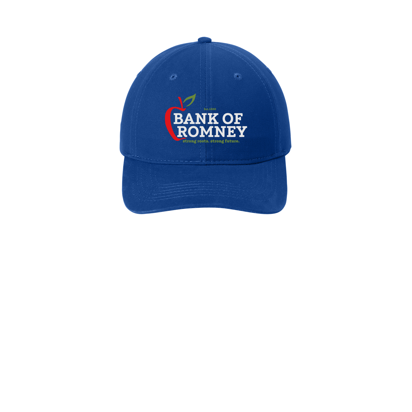 bankofromney-low-profile-dad-cap-embroidery-capfront-CP77-royal-flat-front