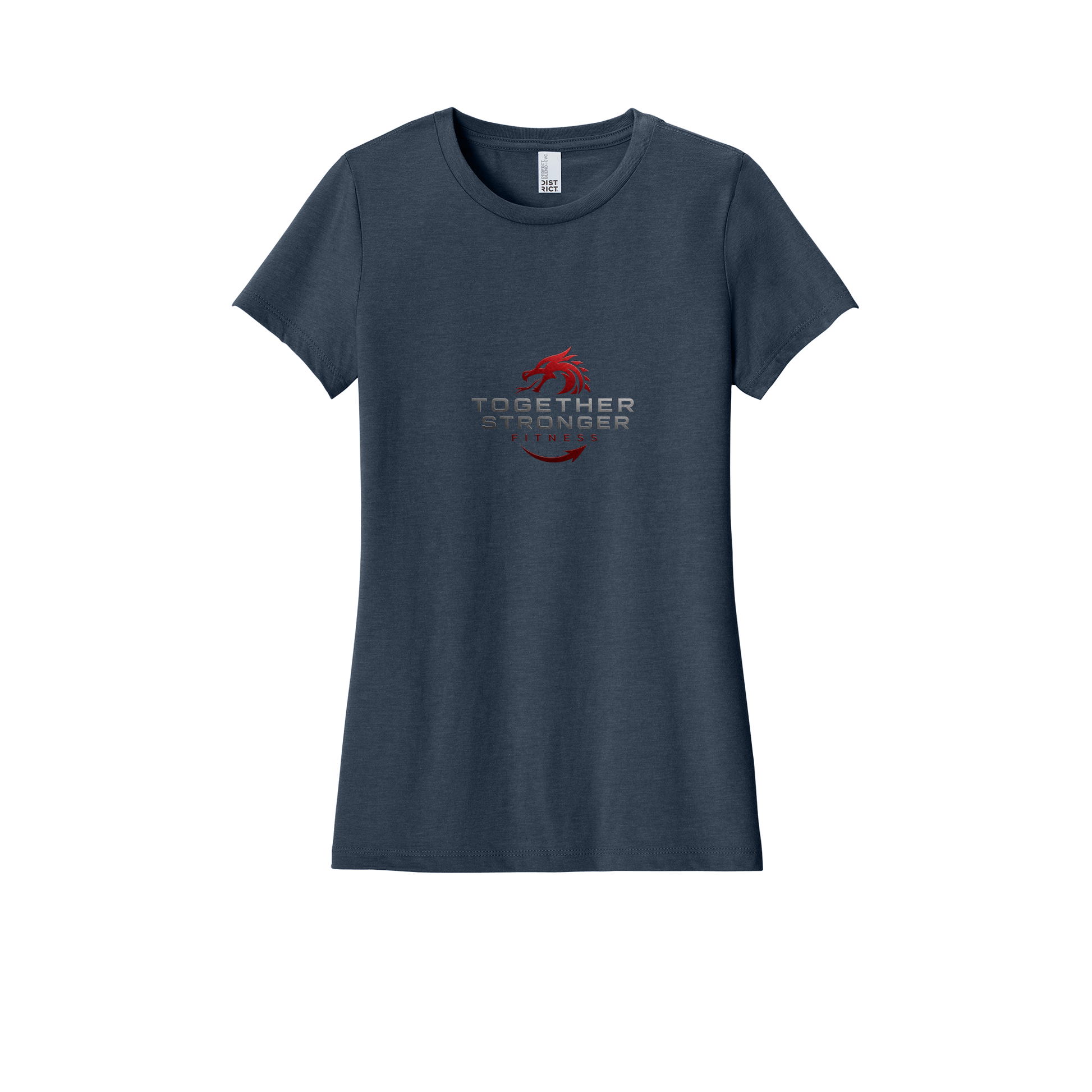 togetherstrongerfitness-district-womens-perfect-blend-tee-dtf-front-DM108L-heatherednavy-flat-front