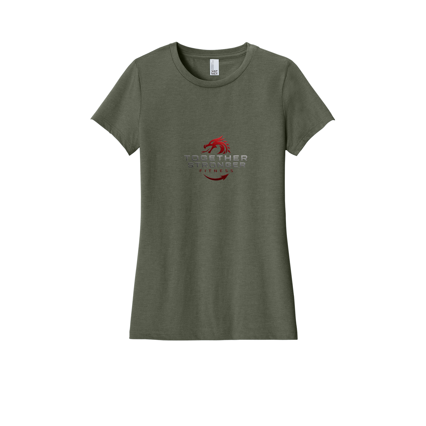togetherstrongerfitness-district-womens-perfect-blend-tee-dtf-front-DM108L-heatheredolive-flat-front