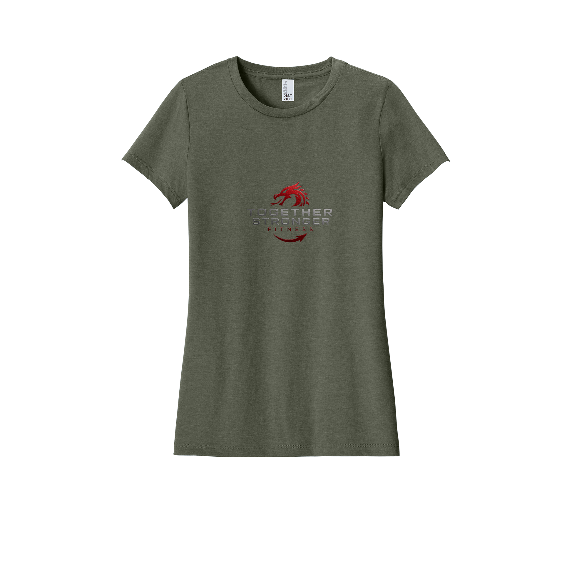 togetherstrongerfitness-district-womens-perfect-blend-tee-dtf-front-DM108L-heatheredolive-flat-front