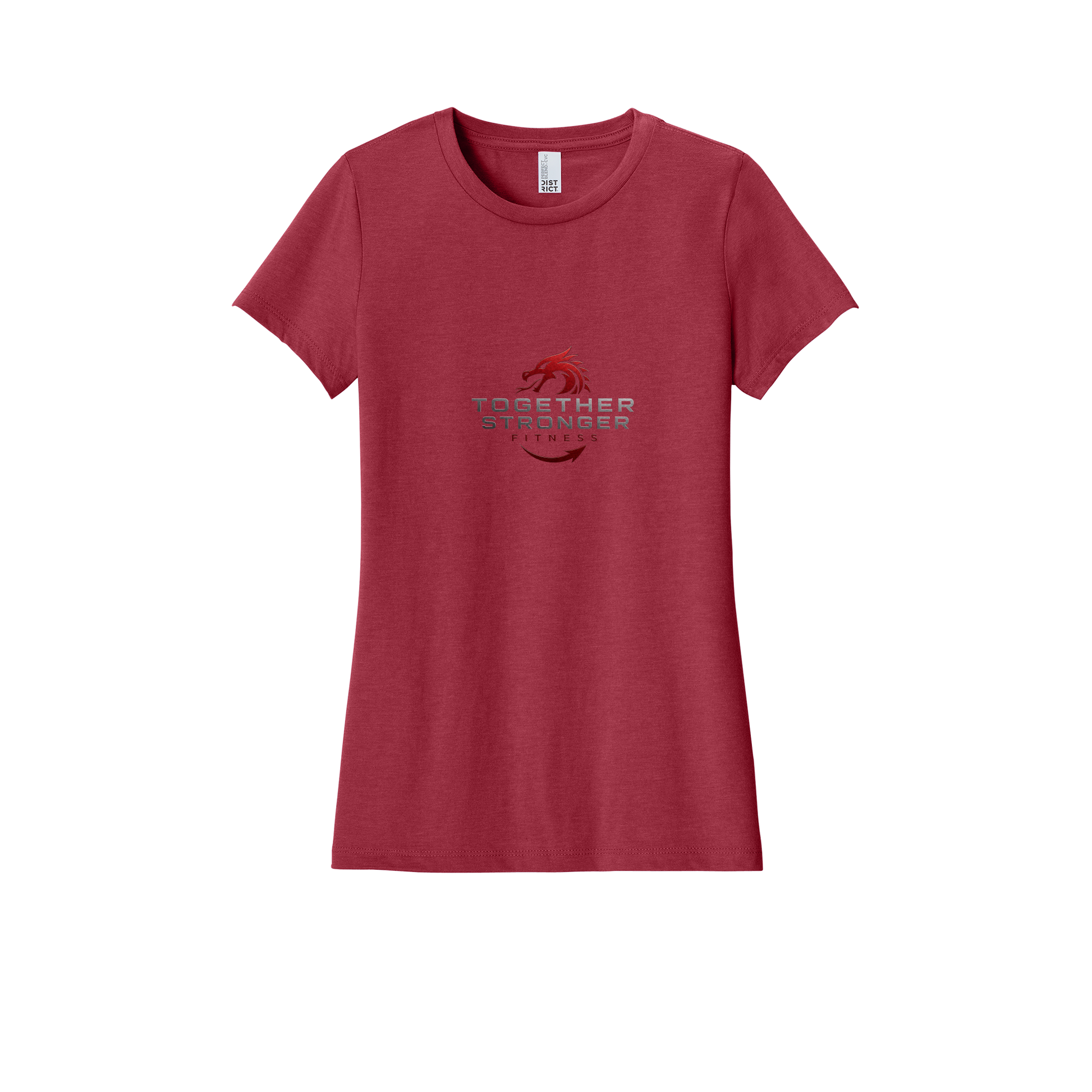 togetherstrongerfitness-district-womens-perfect-blend-tee-dtf-front-DM108L-heatheredred-flat-front
