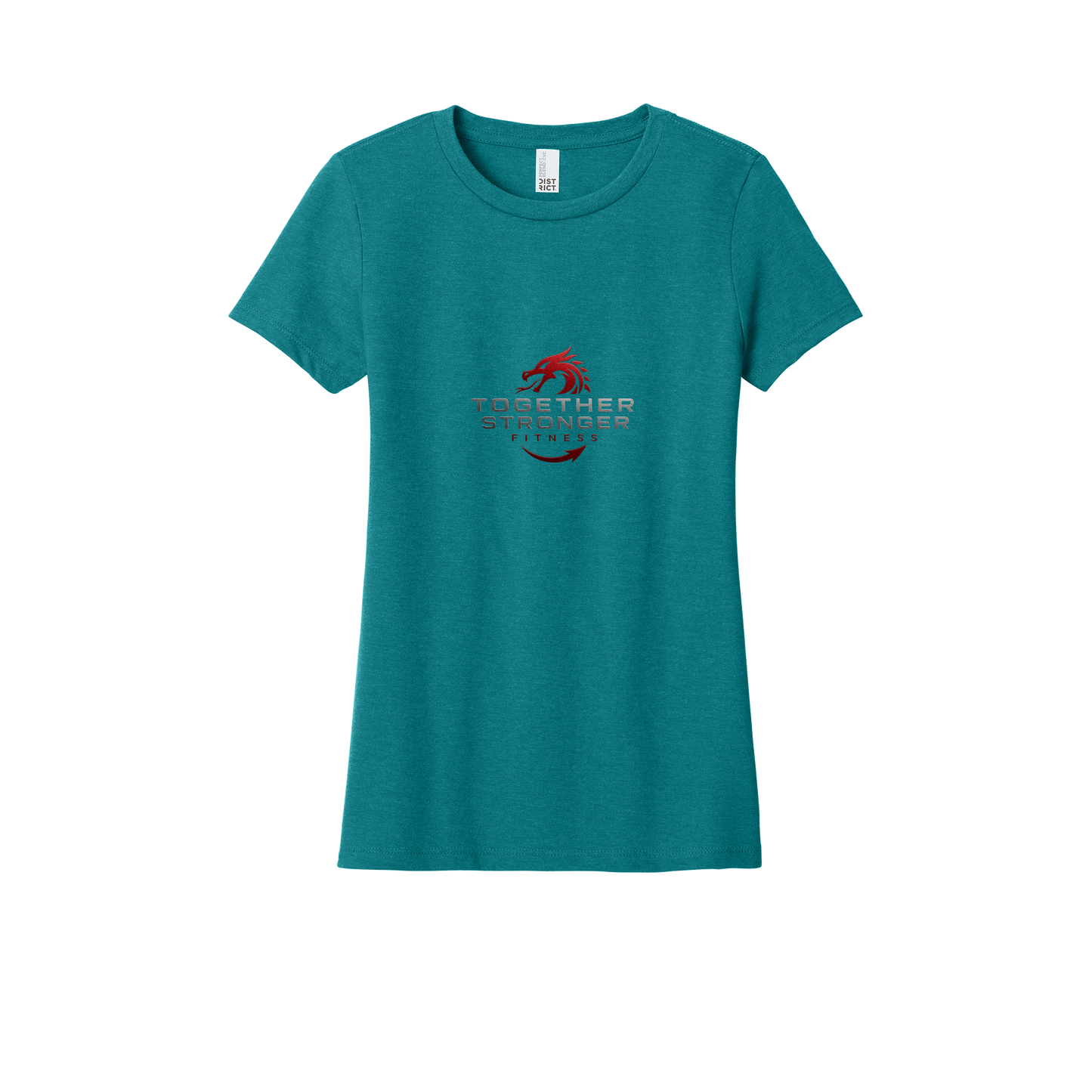 togetherstrongerfitness-district-womens-perfect-blend-tee-dtf-front-DM108L-heatheredteal-flat-front