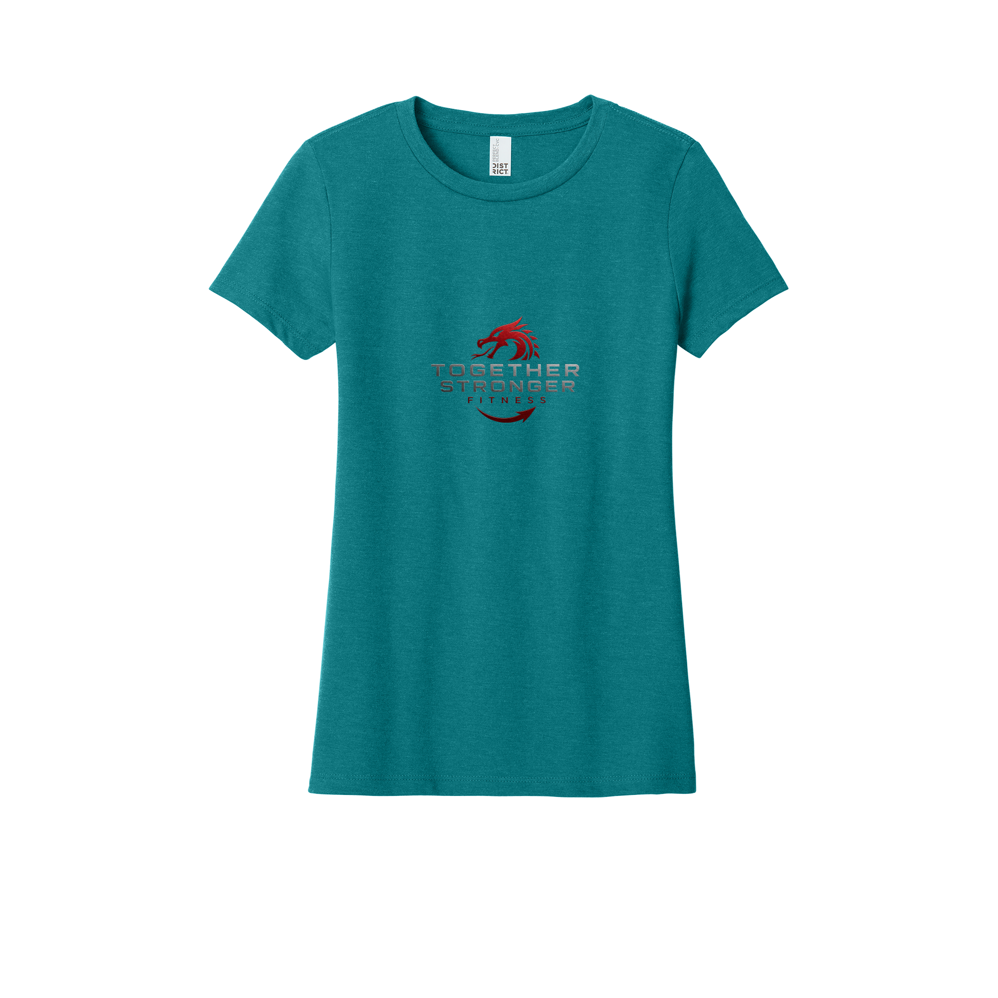 togetherstrongerfitness-district-womens-perfect-blend-tee-dtf-front-DM108L-heatheredteal-flat-front