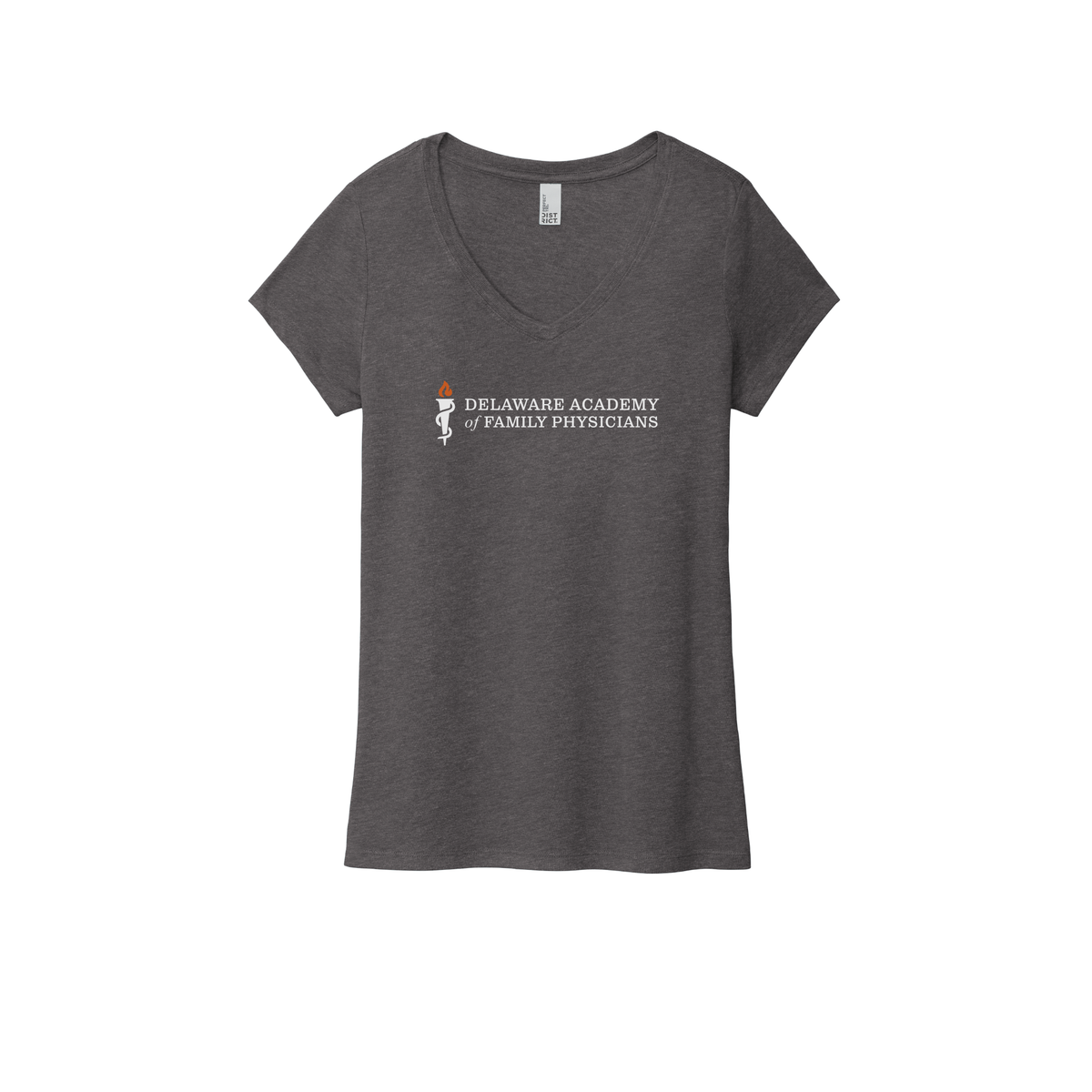 delfamdoc-district-womens-perfect-tri-v-neck-tee-dtf-front-DM1350L-heatheredcharcoal-flat-front