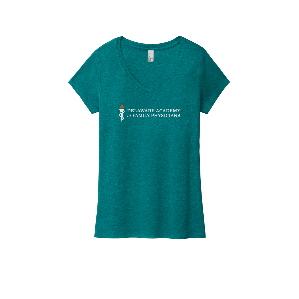 delfamdoc-district-womens-perfect-tri-v-neck-tee-dtf-front-DM1350L-heatheredteal-flat-front