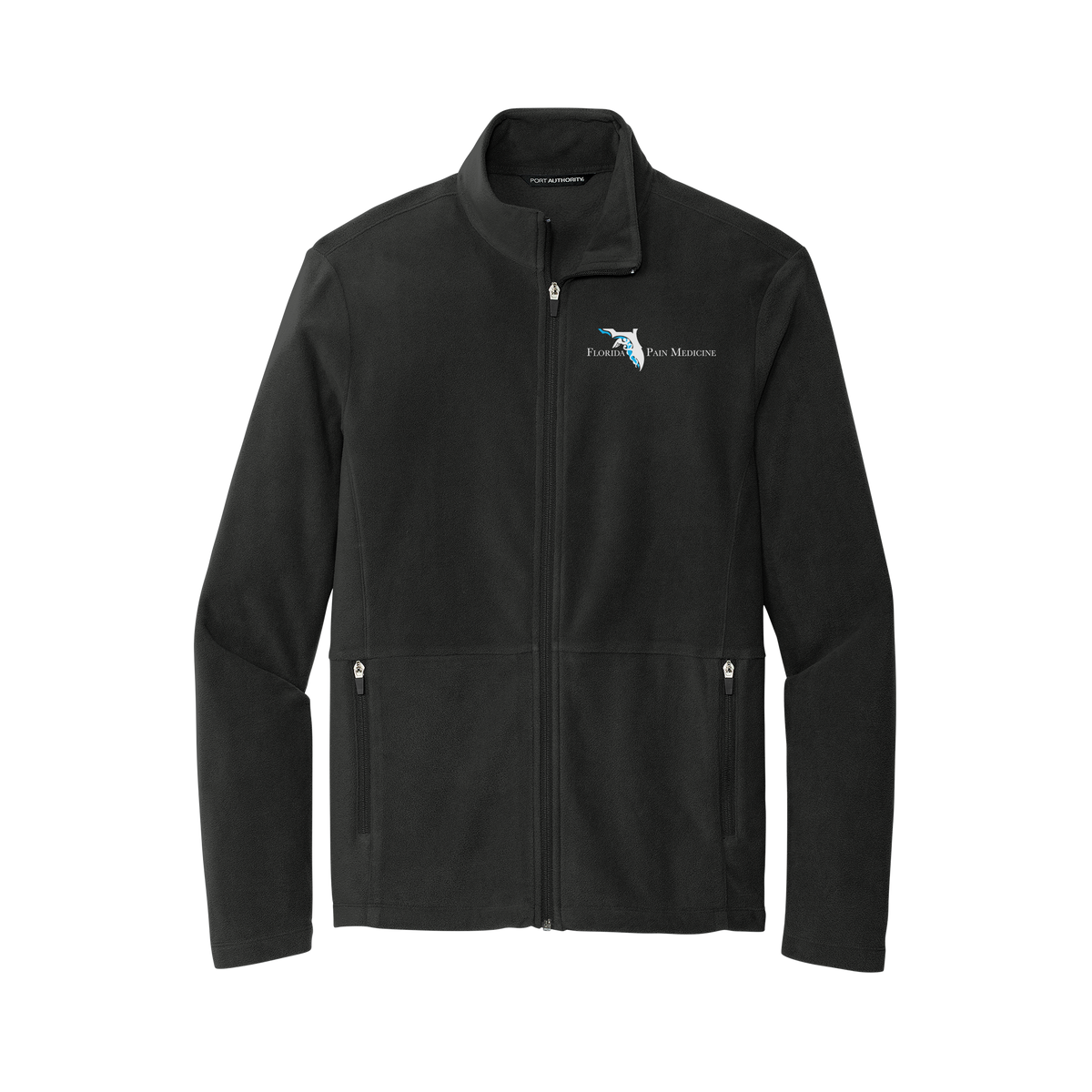 floridapainmedicine-mens-pro-microfleece-jacket-embroidery-leftchest-F151-black-flat-front