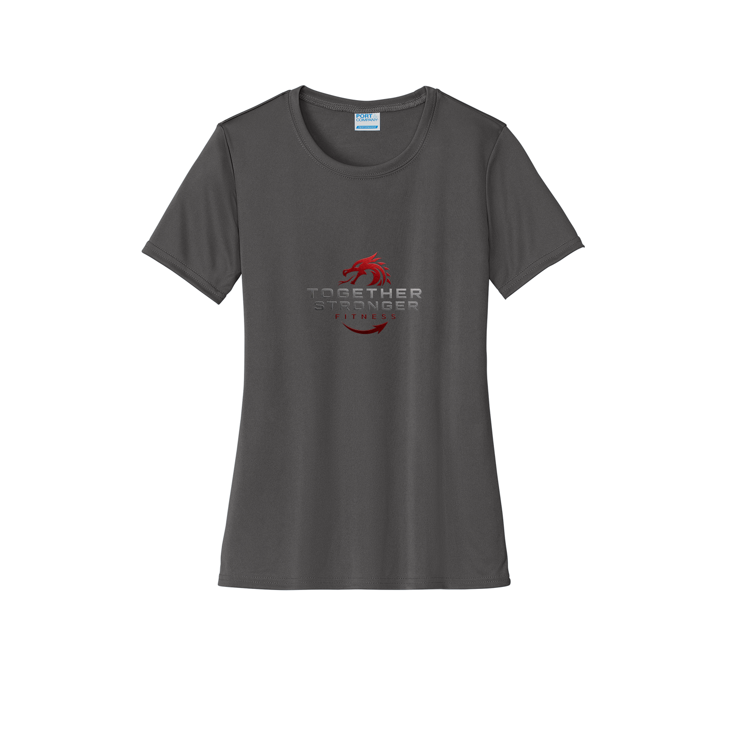 togetherstrongerfitness-port-and-co-womens-performance-tee-dtf-front-LPC380-charcoal-flat-front