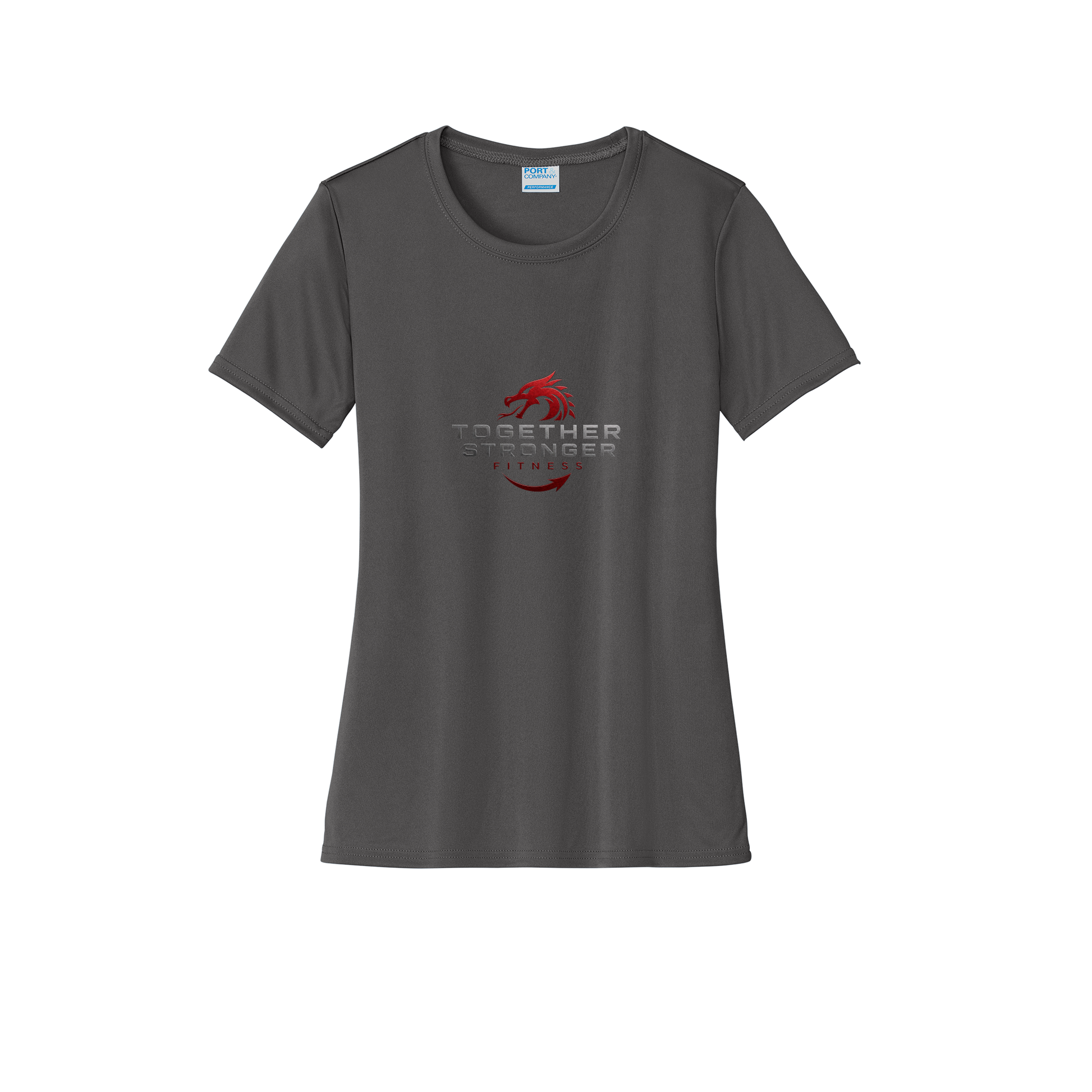 togetherstrongerfitness-port-and-co-womens-performance-tee-dtf-front-LPC380-charcoal-flat-front