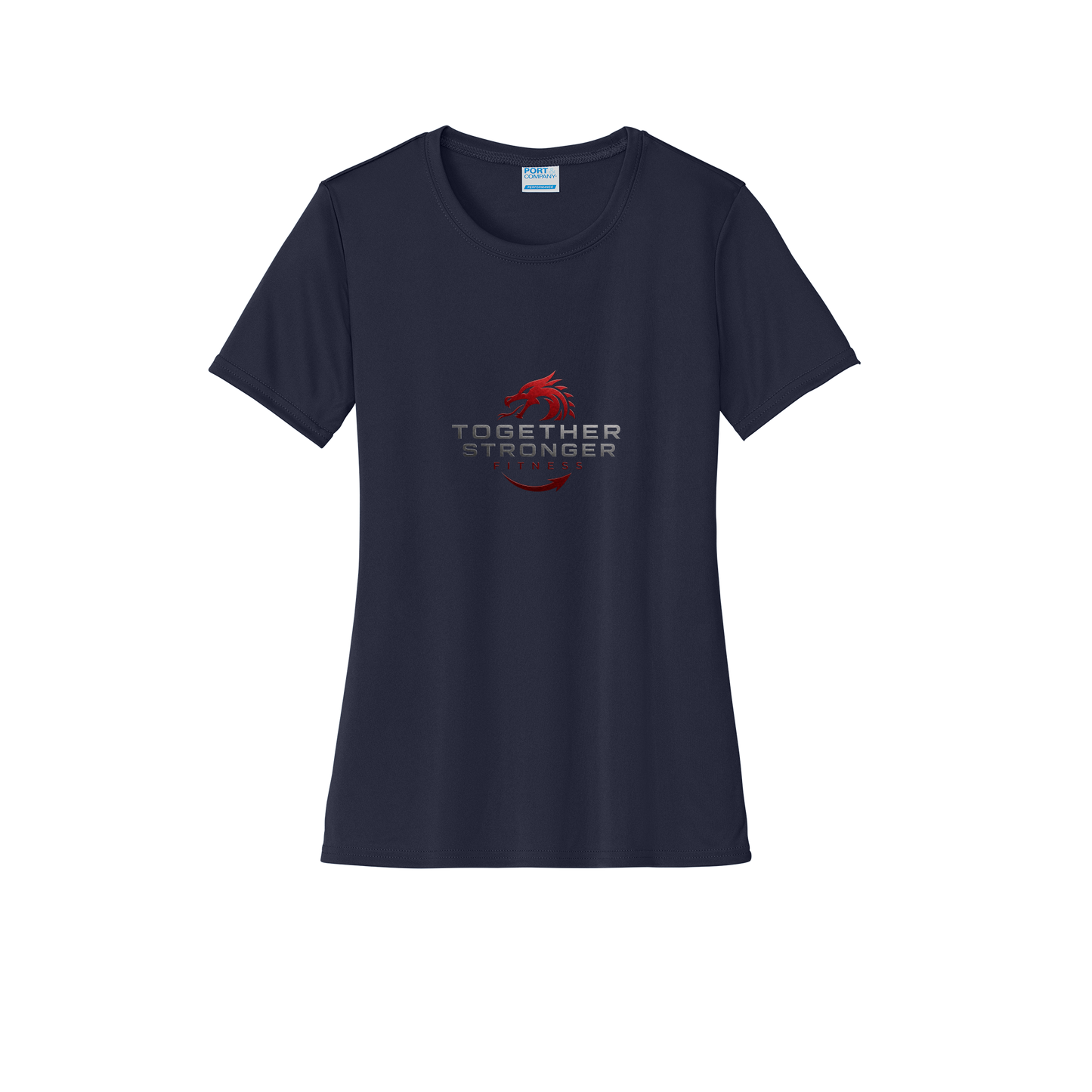 togetherstrongerfitness-port-and-co-womens-performance-tee-dtf-front-LPC380-deepnavy-flat-front