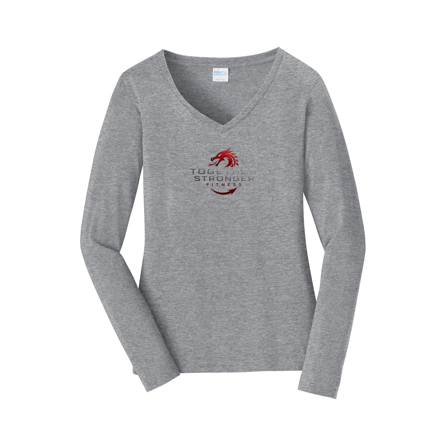 togetherstrongerfitness-womens-long-sleeve-v-neck-dtf-front-LPC450VLS-athleticheather-flat-front