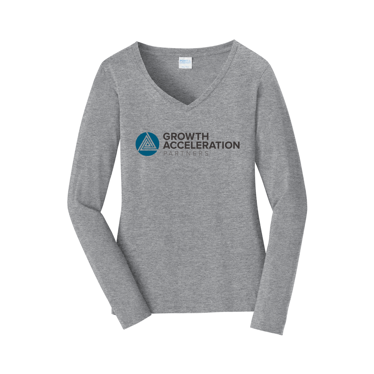 growthaccelerationpartners-womens-long-sleeve-v-neck-dtf-front-LPC450VLS-athleticheather-flat-front
