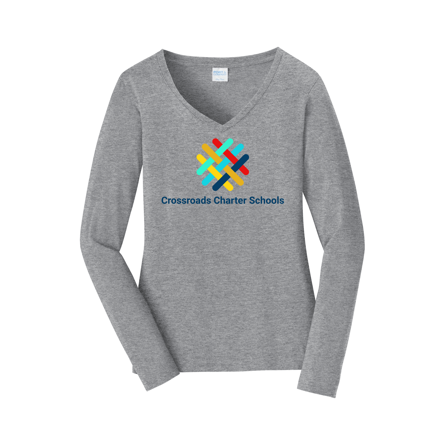 crossroadsschoolskc-womens-long-sleeve-v-neck-dtf-front-LPC450VLS-athleticheather-flat-front